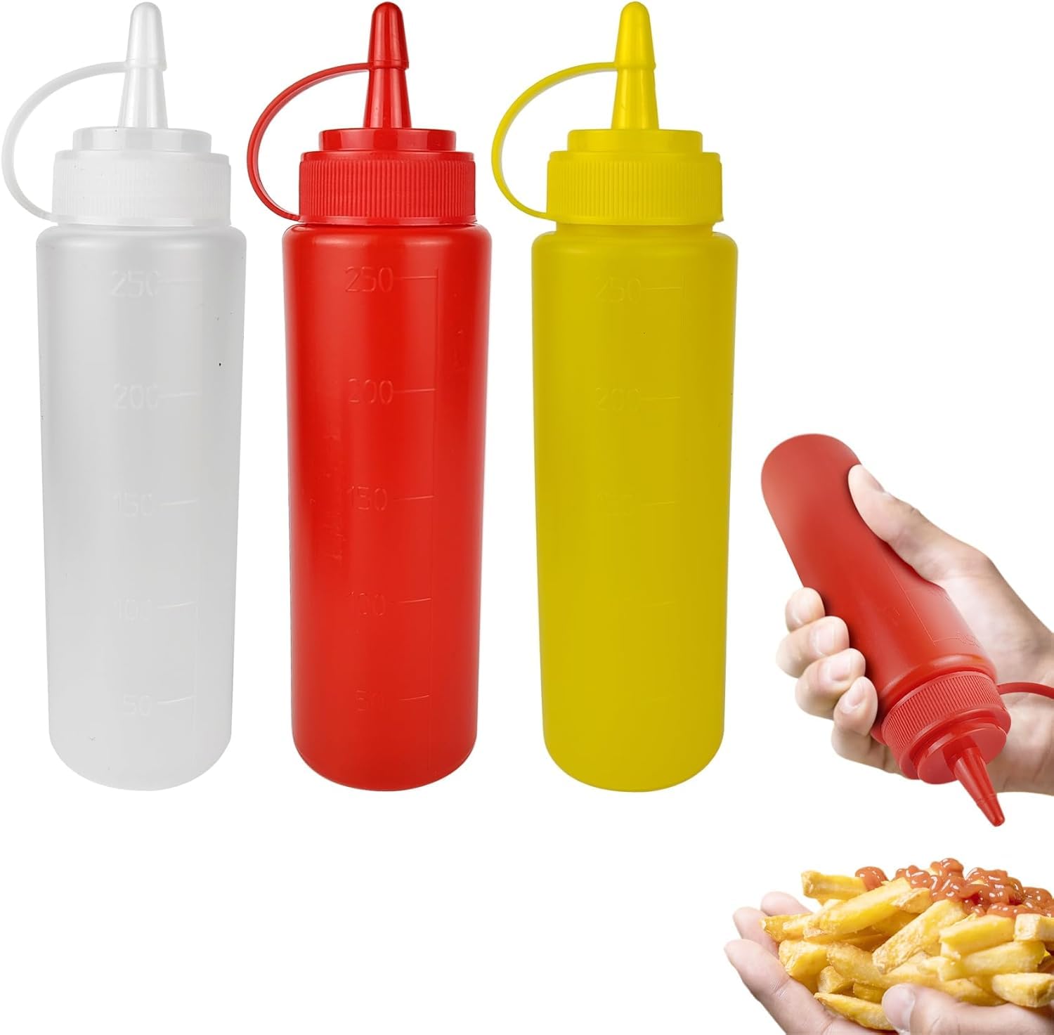 ICSTM 3 Pcs Plastic Squeeze Sauce Bottles with Nozzle Caps,250Ml/8.5Oz Reusable Squeeze Condiment Bottles Dispensers Suitable fo