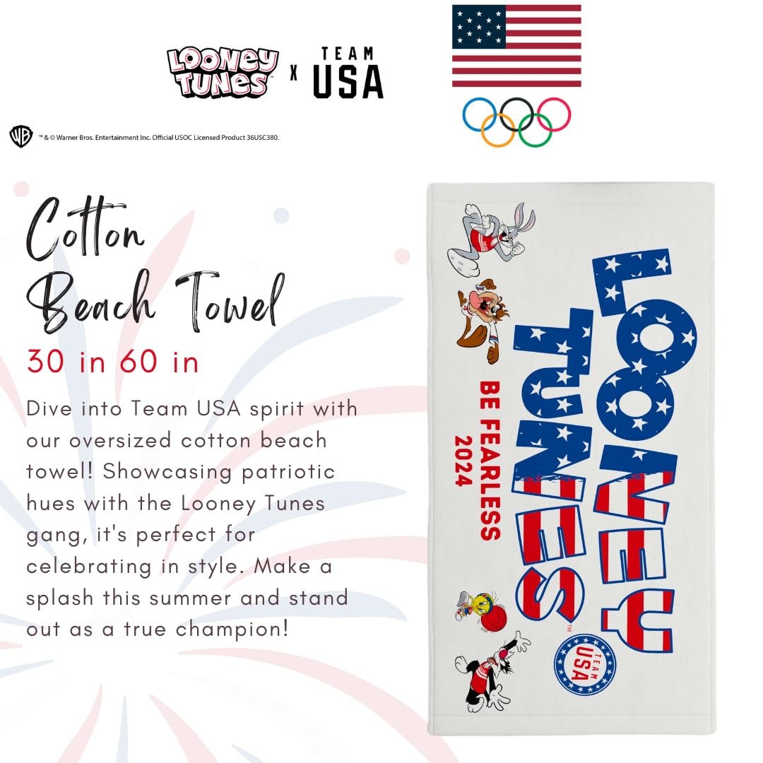 Franco Collectibles Looney Tunes Team Usa Paris Olympics Super Soft Cotton Bath/Pool/Beach Towel, 60 In X 30 In, (Officially Lic