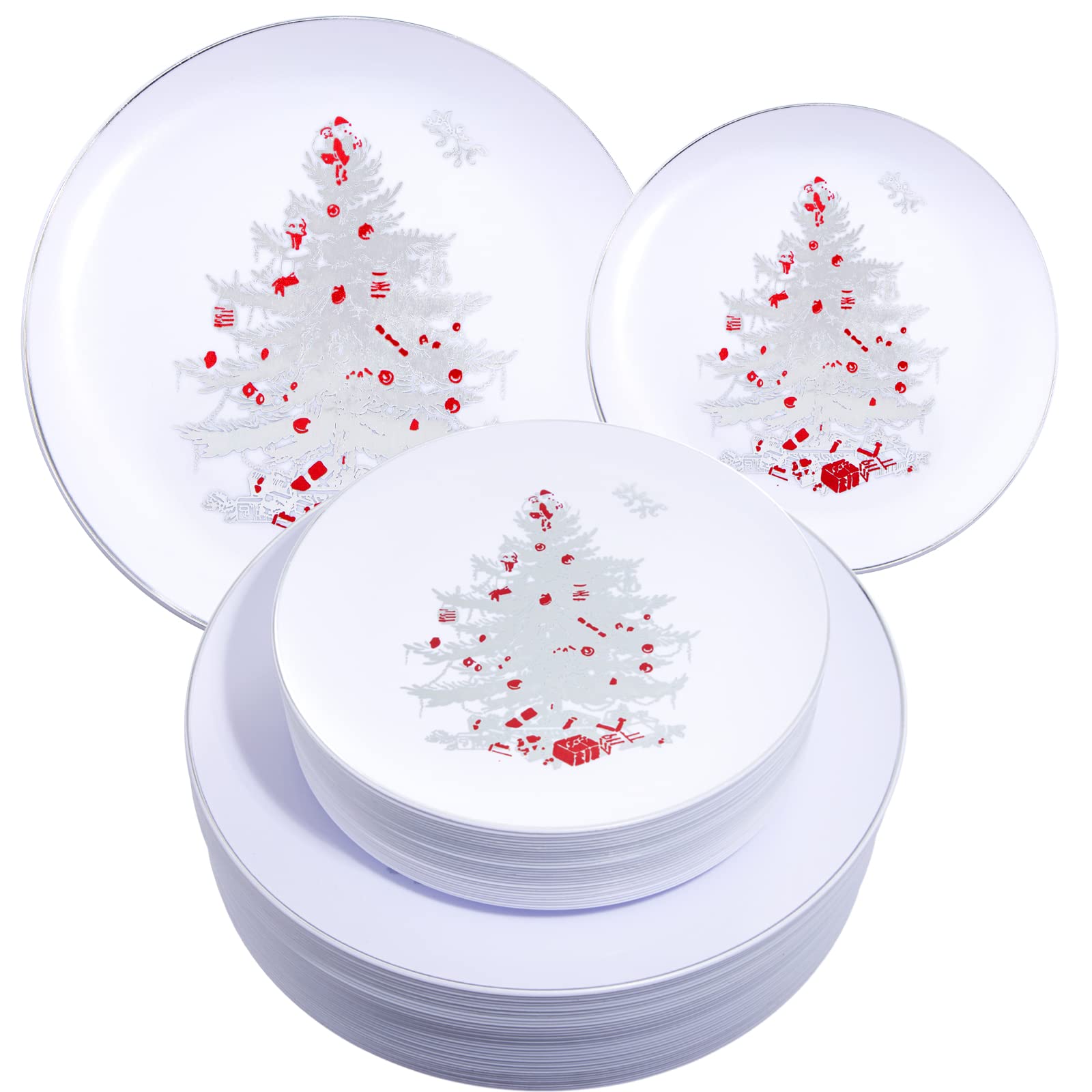 Rubtlamp 60PCS Christmas Plastic Plates, Disposable Party Plates, White Plastic Plates with Silver Christmas Tree Include 30Whit