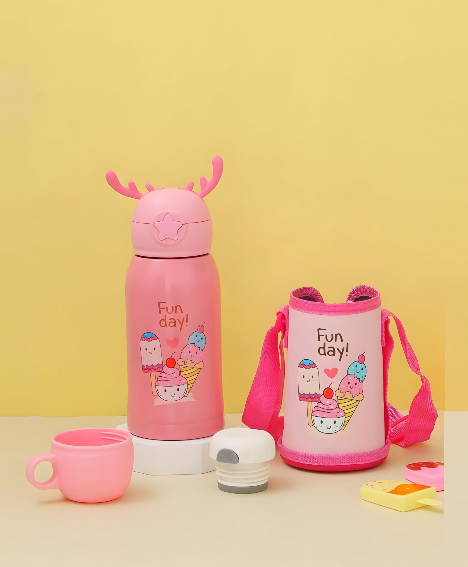 Jollyora Kids Stainless Steel Insulated Water Bottle With Straw & Shoulder Strap  500Ml 304 Ss Sipper Flask, Leak Resistant Sch