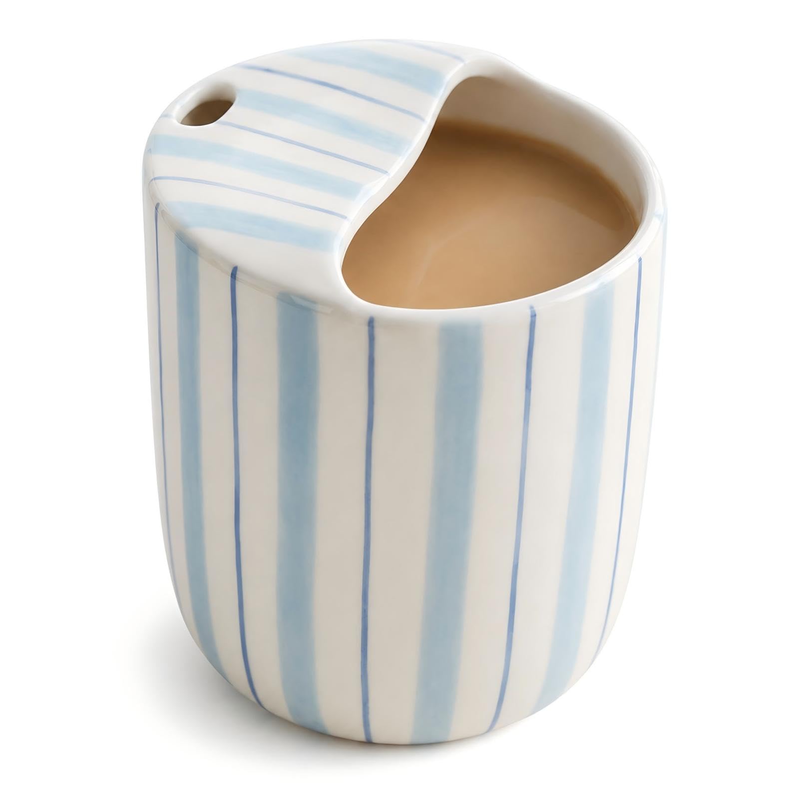 Ferrochef Ceramic Mug with Sip Hole 10 oz Novelty Light Blue Striped Coffee Mug Hand Painted Ceramic Cup Heat Resistant Non Slip