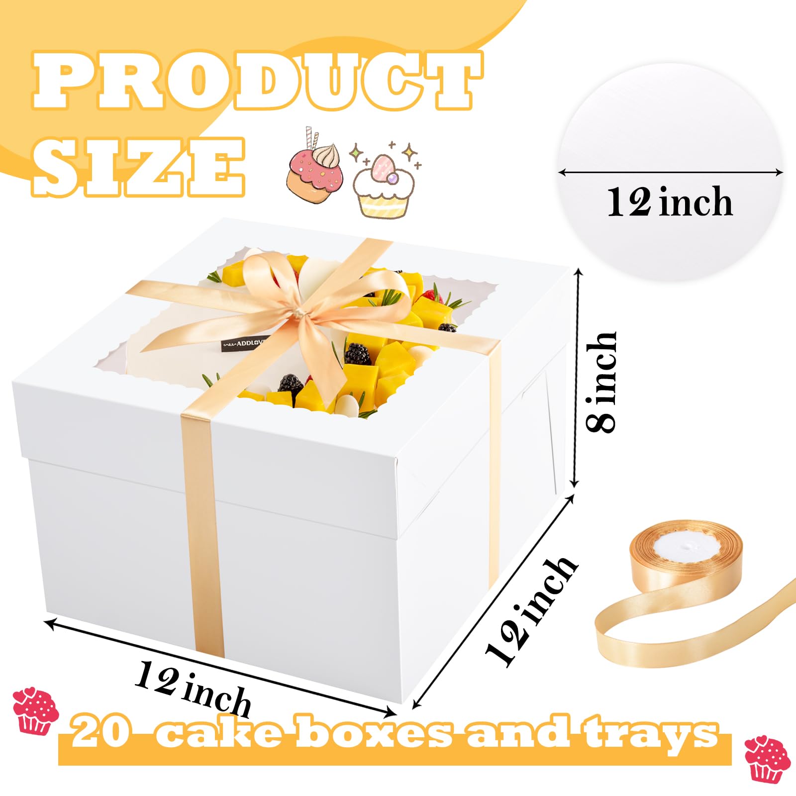 KPOSIYA 40pcs 12x12x8 inches Cake Boxes with Cake Boards(20 Boxes & 20 Boards), White 12 inch Cake Boxes with Window,Cajas Paste