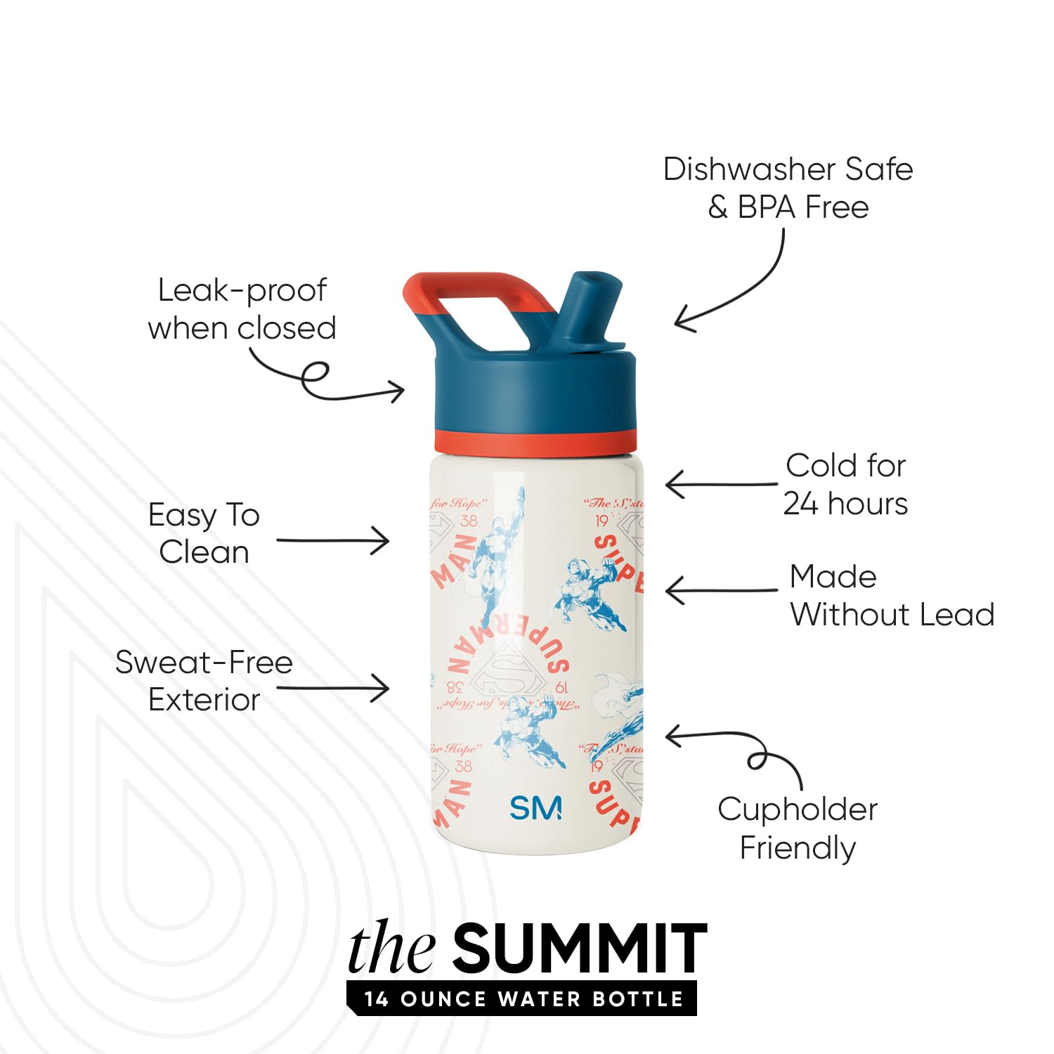 Simple Modern Kids Summit Water Bottle with Straw Lid | DC Comics Superman 14oz Insulated Stainless Steel Cup for Boys, Girls, S