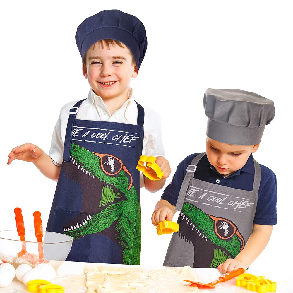 Mhjy Kids Apron And Chef Hat For Boys Dinosaur Child Aprons With Pockets,Adjustable Apron For Cooking Baking Painting 3-12 Years