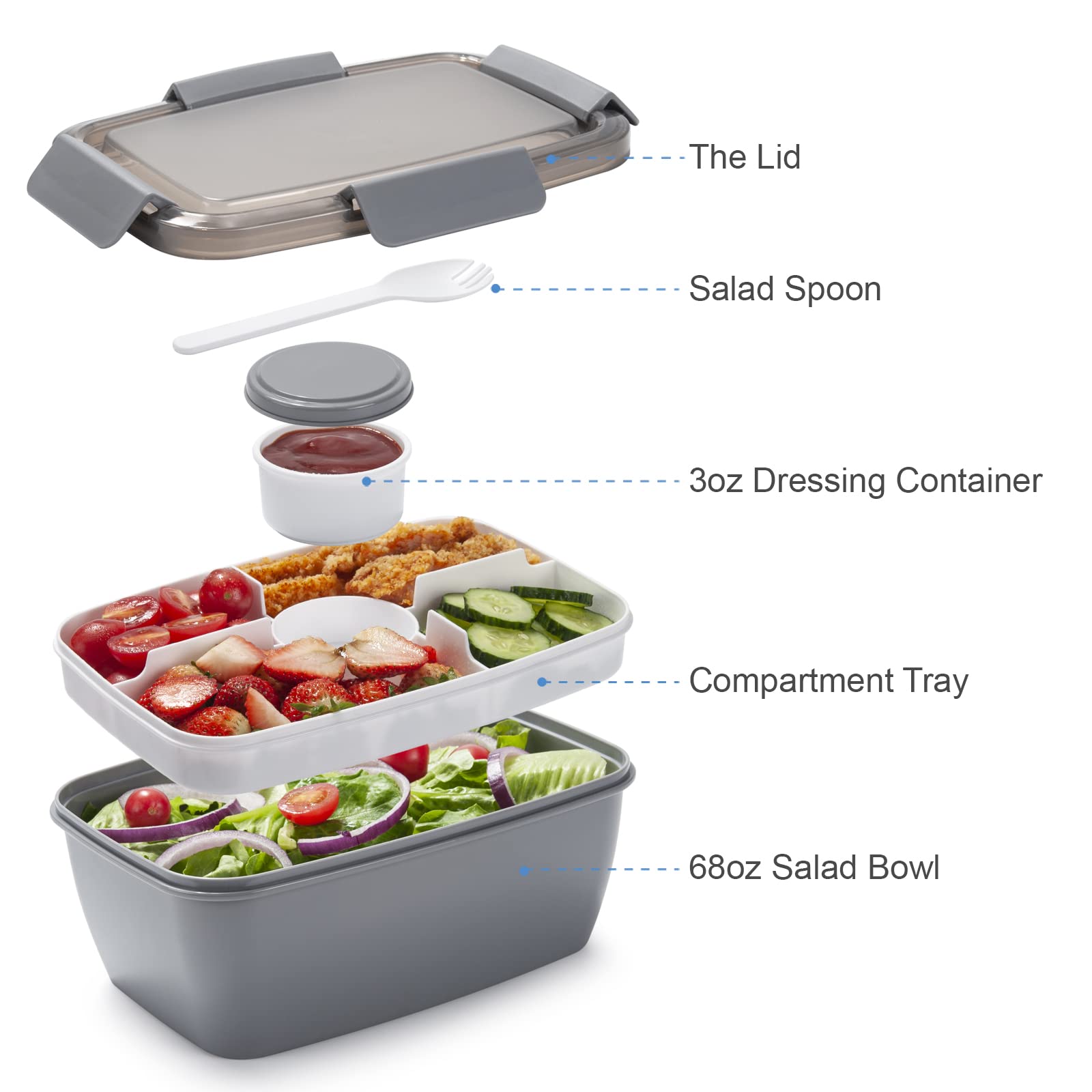 Freshmage Salad Lunch Container To Go, 68-Oz Grey-Xl, Leak-Proof Lid, 4 Compartments, Sauce Container, Safe Material, Easy Carry