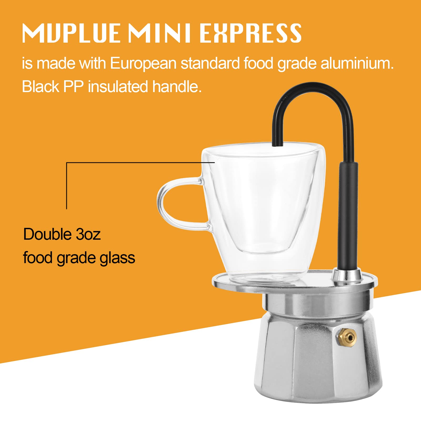 Mvplue-Mini Express Swiss Single Tube Moka Pot Aluminum Silver,Moka Set Includes One Double Wall 3Oz Cup,Enjoy Delicious Coffee