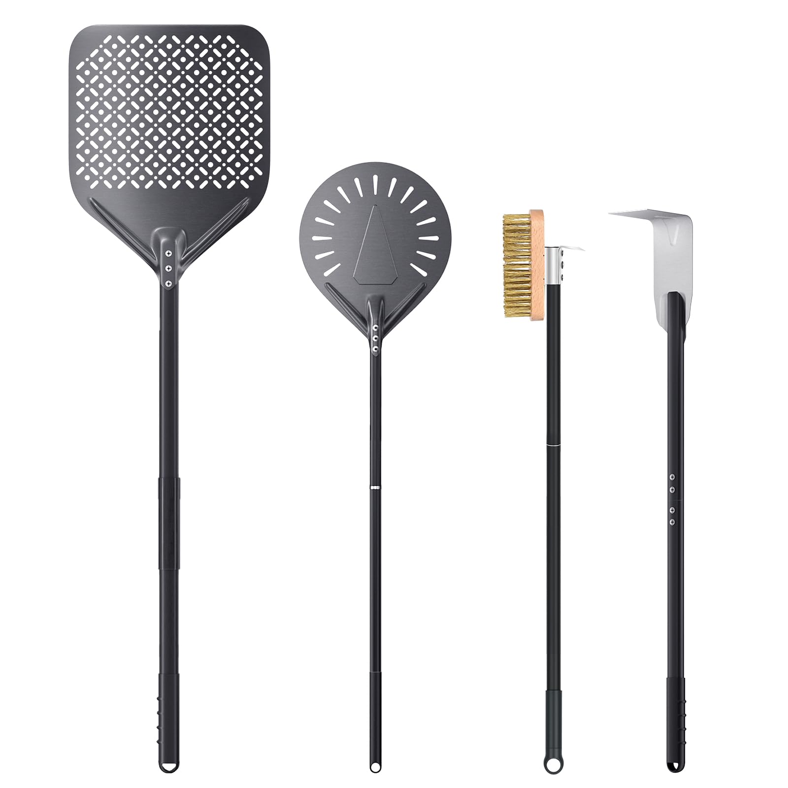 Nutuni 4 Piece Pizza Oven Kit Pizza Turning Peel 9 Inch, Perforated Pizza Peel, Pizza Oven Brush, Ash Rake, Wood Burning Commerc