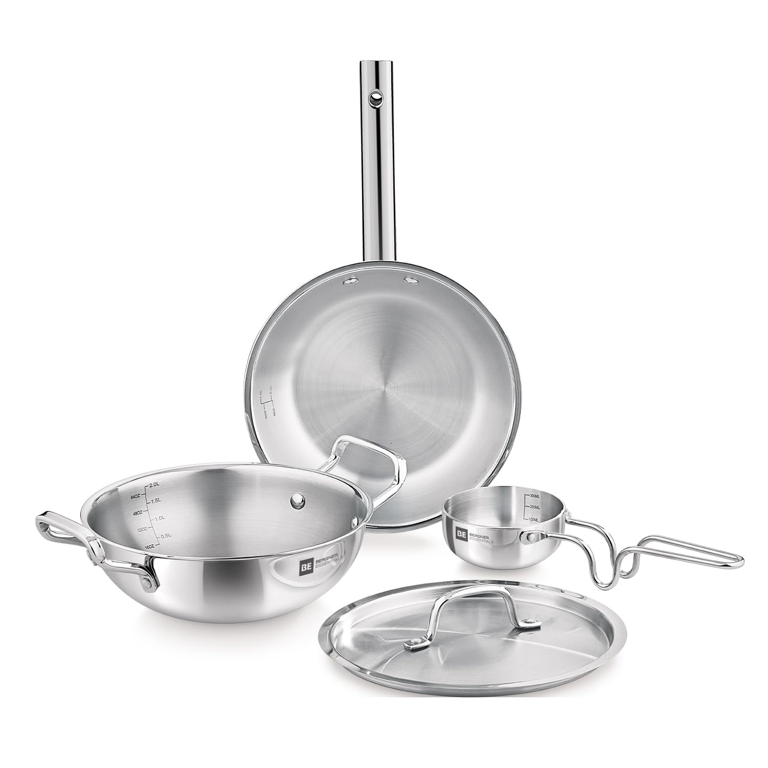Bergner Tripro Tri-Ply Stainless Steel 4 Pcs Cookware Set - 22Cm Indian Wok/Kadai With Lid, 22Cm Frypan, 10Cm Tadka Pan, Even He