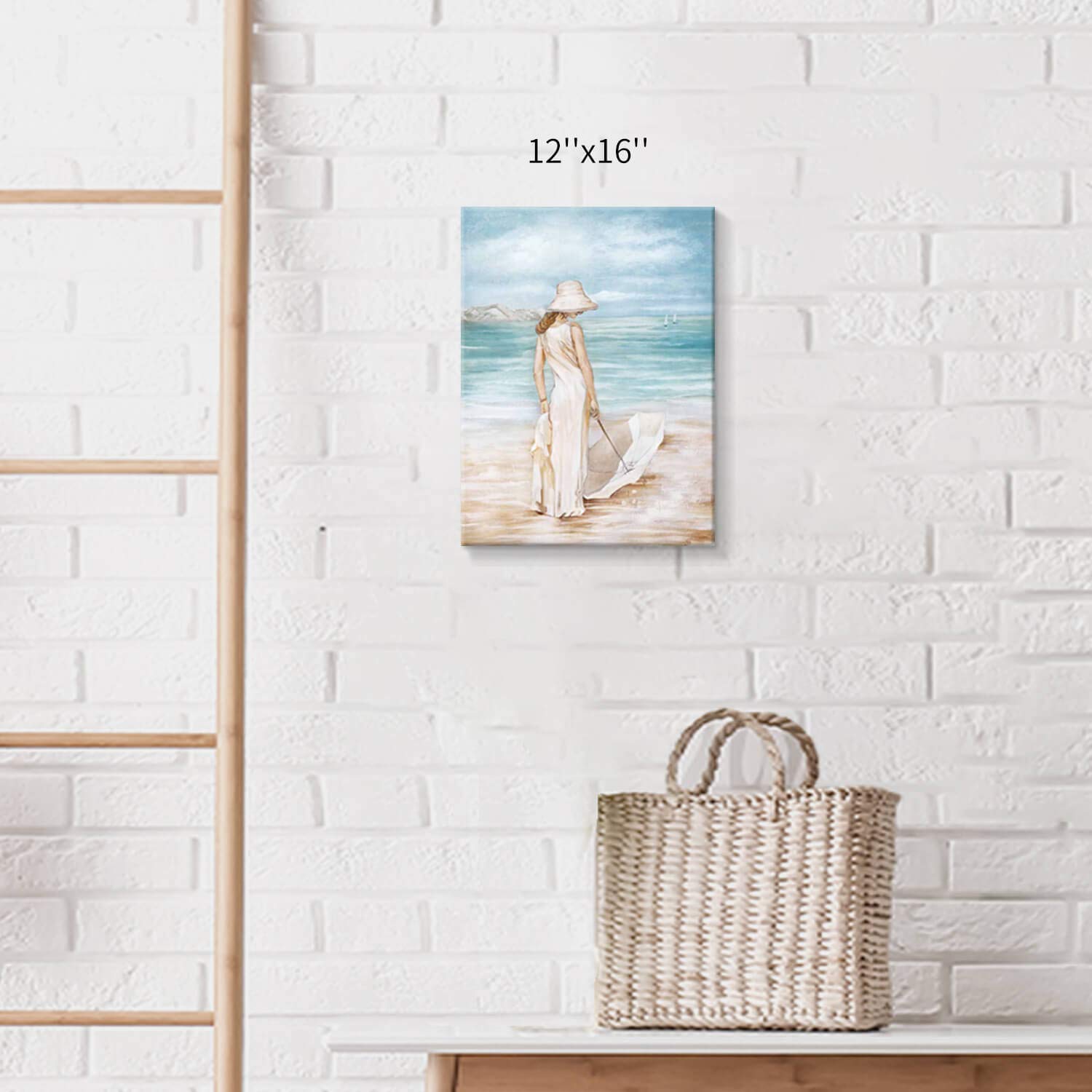 Abstract Beach Artwork Ocean Picture: Modern Women & Umbrella Sea Print Coastal Wall Art On Canvas For Bedroom (16    X 12    X1