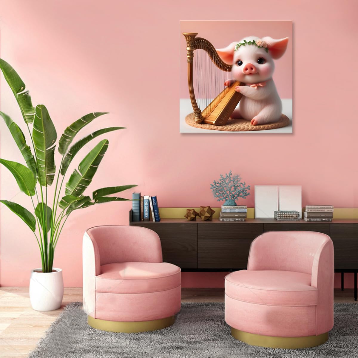 Woxfcart Pig Pictures Decor Wall Art Pink Piggy Poster On Canvas For Girls Room Bathroom 20X20