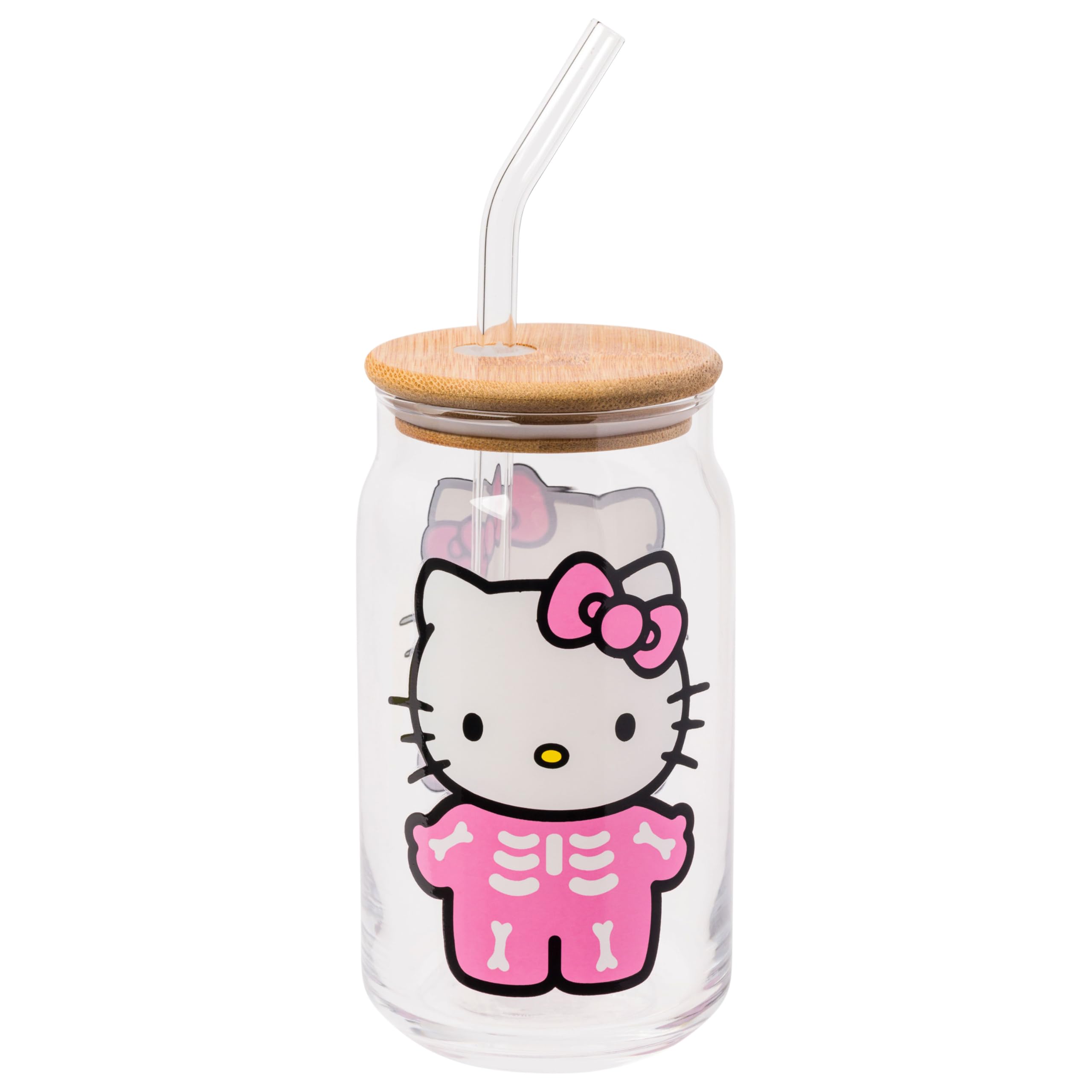 Silver Buffalo Sanrio Hello Kitty Halloween Spooky Skeleton Glass Jar Tumbler With Bamboo Lid And Glass Straw, 16 Ounces