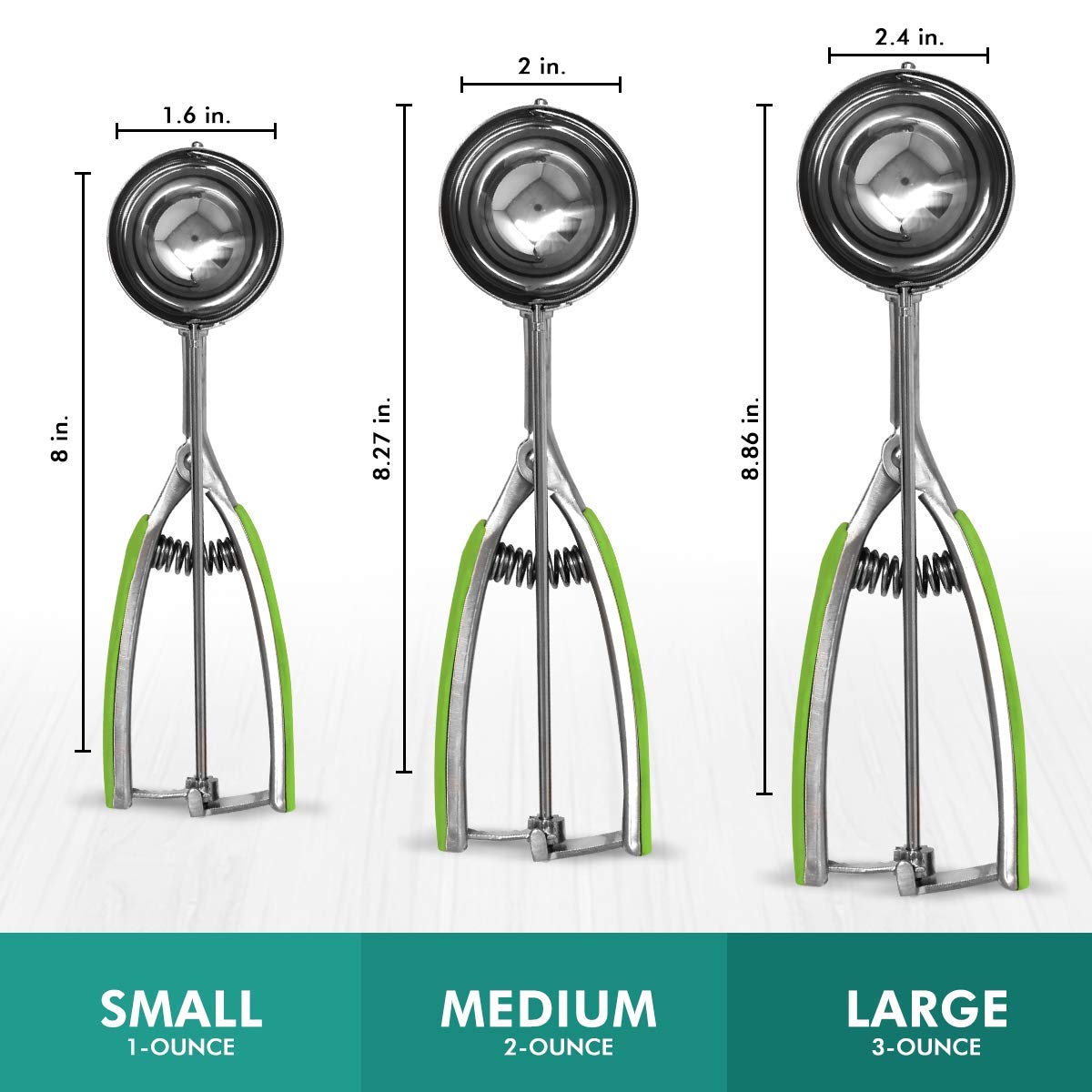 Millvado 3 Pack Stainless Steel Ice Cream And Cookie Scoops | With Green Rubber Grips - Spring Loaded Lever Design - For Sorbet,