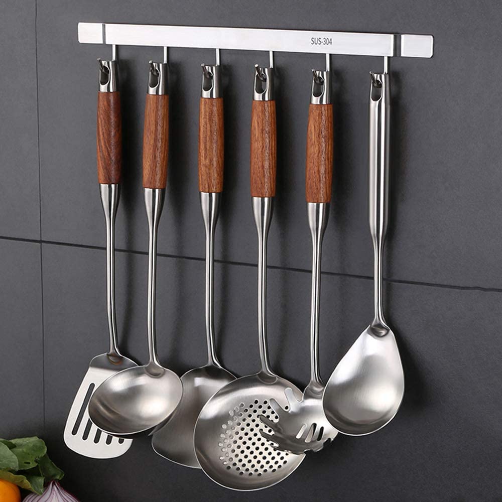 Iqcwood Cooking Utensils Set, 5 Piece Wooden Utensils For Cooking, Stainless Steel Cooking Utensils, Wooden Spatula Kitchen Tool