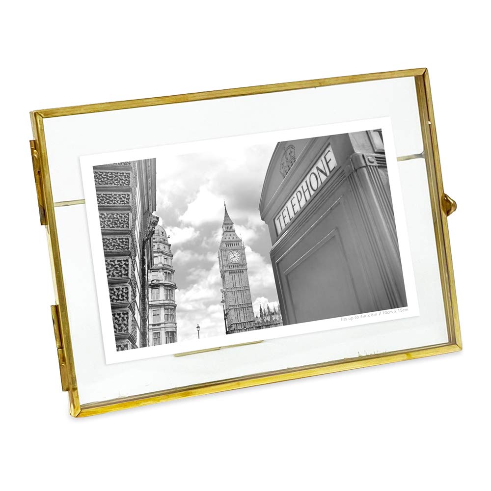 Isaac Jacobs 6x4, Antique Gold, Vintage Style Brass and Glass, Metal, Floating Desk Photo Frame (Horizontal), with Locket Bead C