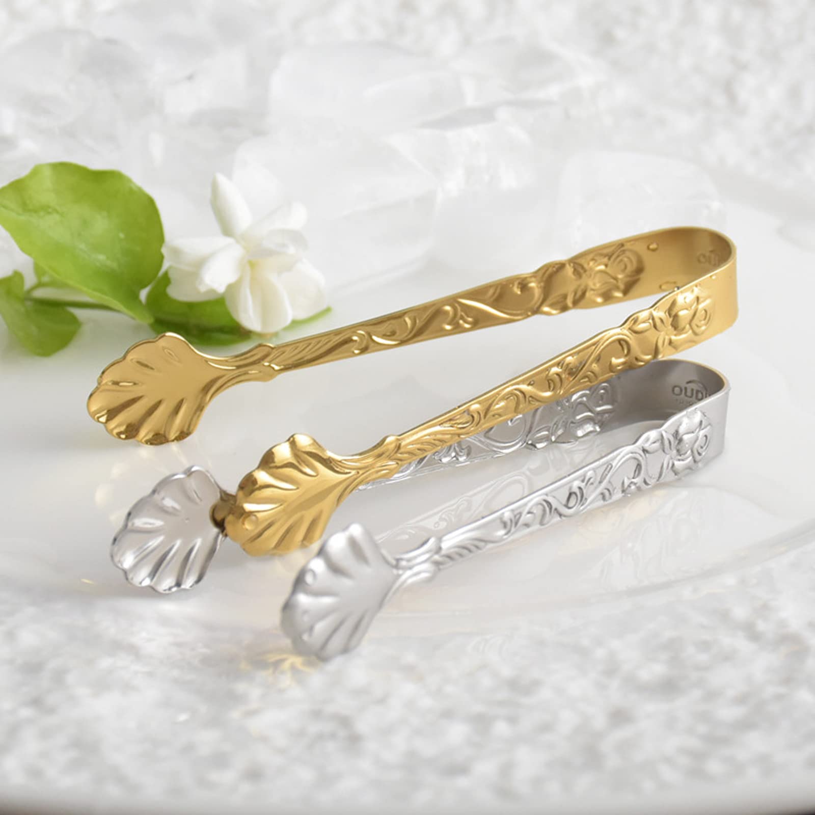 2Pack Rose Handle Sugar Tongs, Vintage Rose Relief Stainless Steel Ice Cube Clips Sugar Tongs Sliver And Gold Small Food Clips F