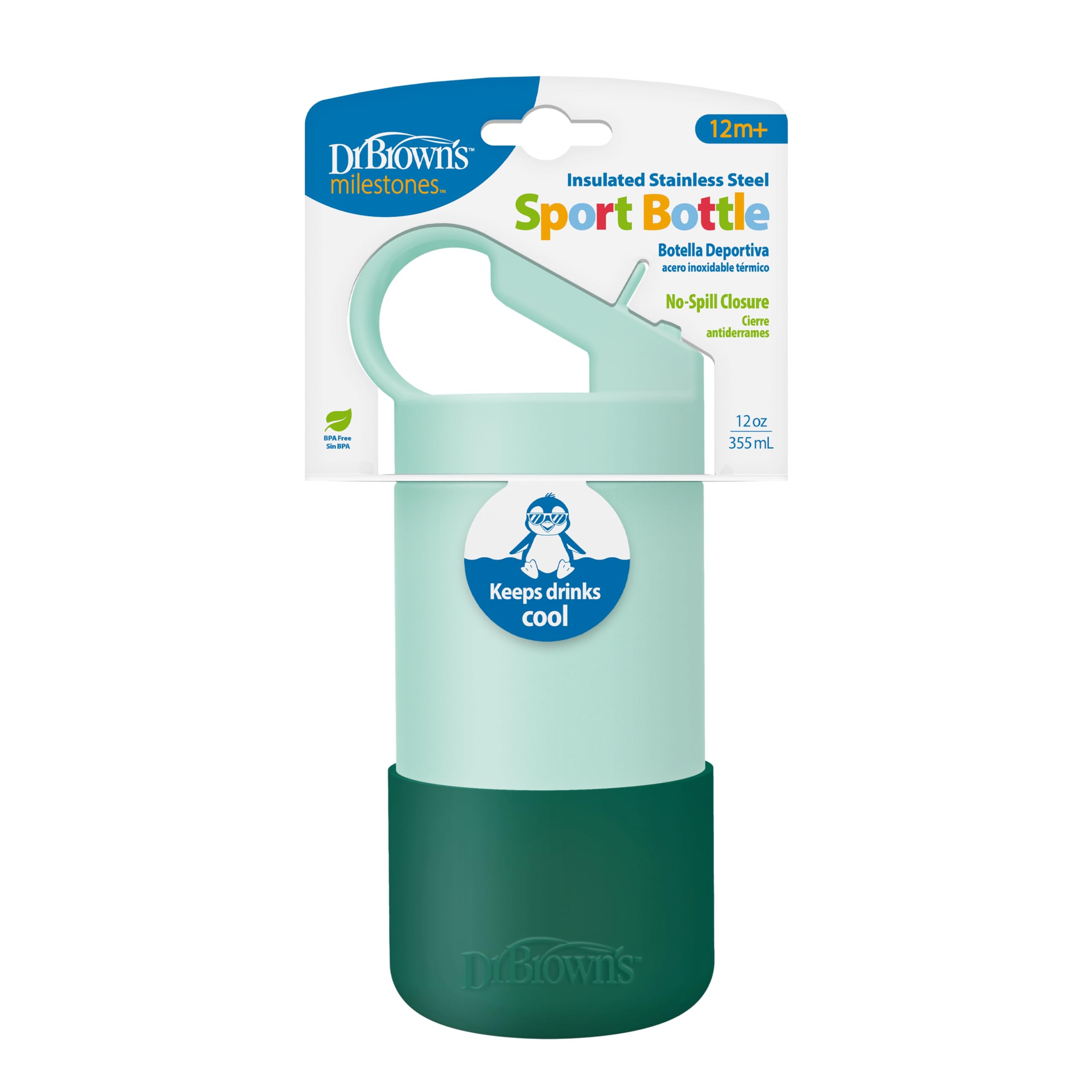 Dr. Browns Insulated Stainless Steel Water Bottle, Straw Lid, 12oz, Green