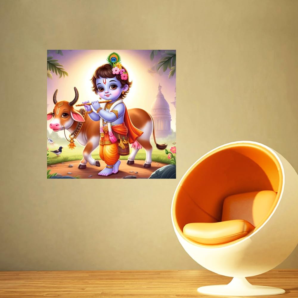Akki Wold Little Krishna Bashuri and Cow Wall Poster for Livng Room, Kids Room, Office (Size - 46CM X 46CM)
