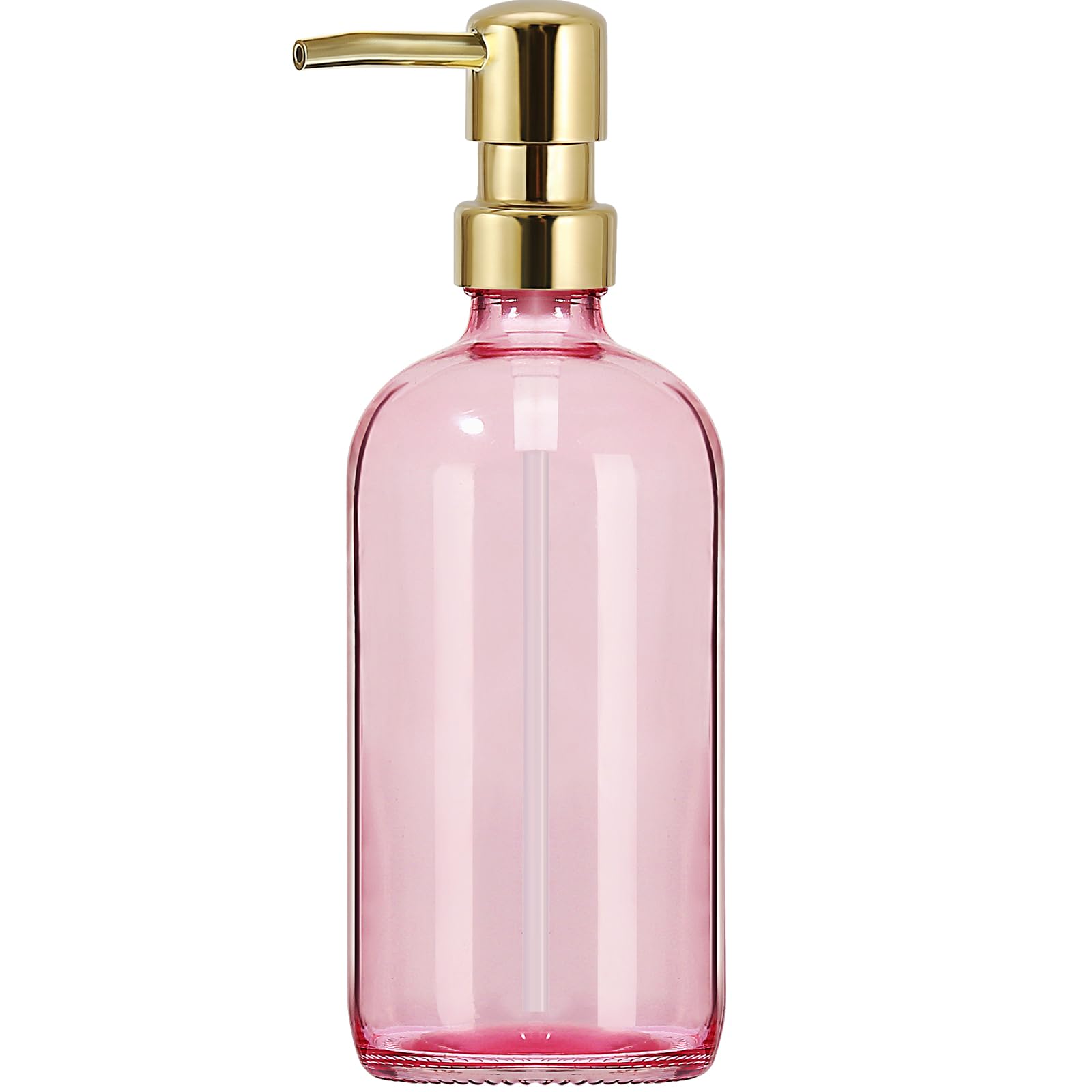 Gmisun Pink Soap Dispenser Bathroom, 1 Pack Glass Dish Soap Dispenser For Kitchen With Rustproof Plastic Gold Pump, 16 Oz Bathro