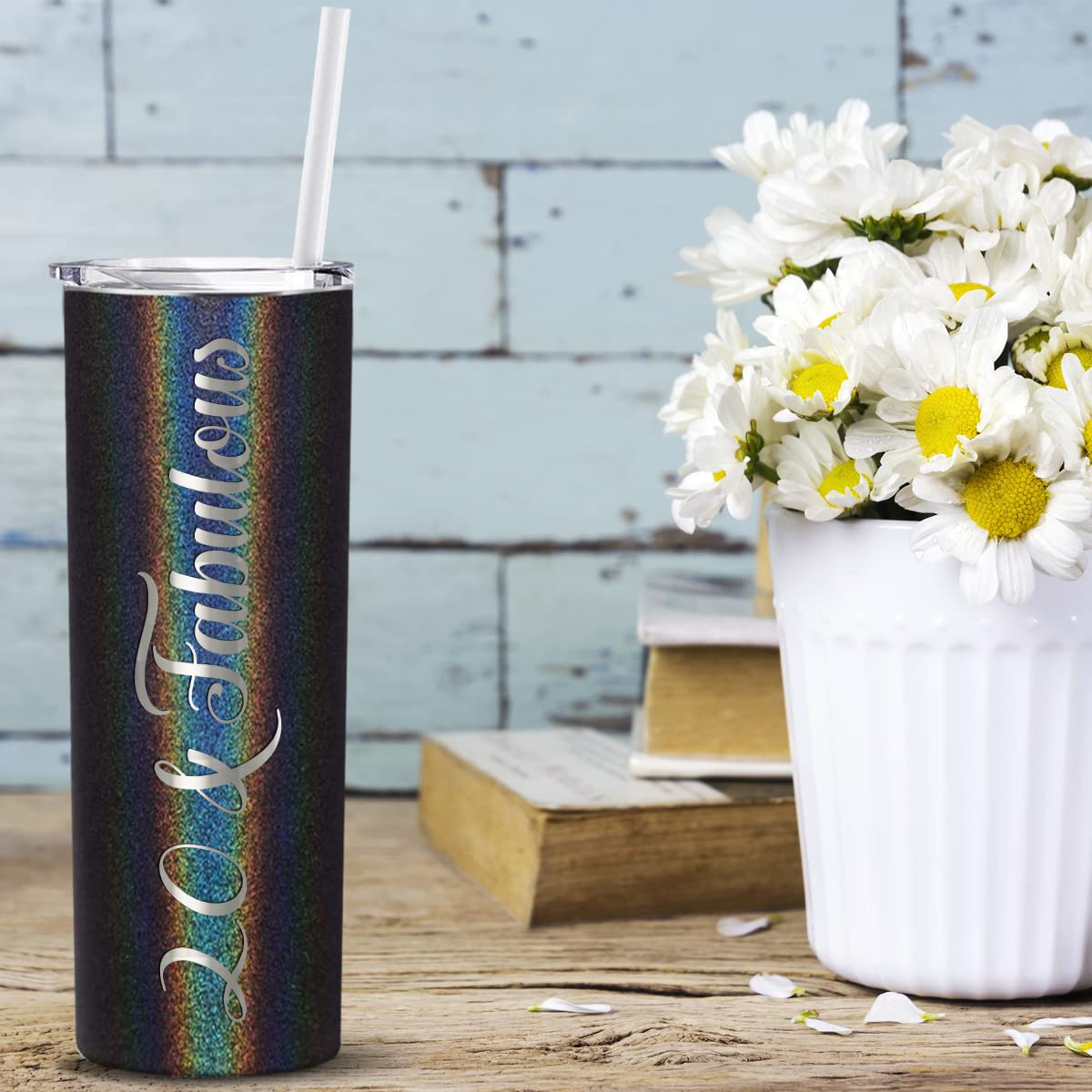20 & Fabulous 20 Oz Skinny Tumbler 20Th Birthday Gifts For Women On Black Glitter Decorations Funny Present Vacuum Insulated Cup