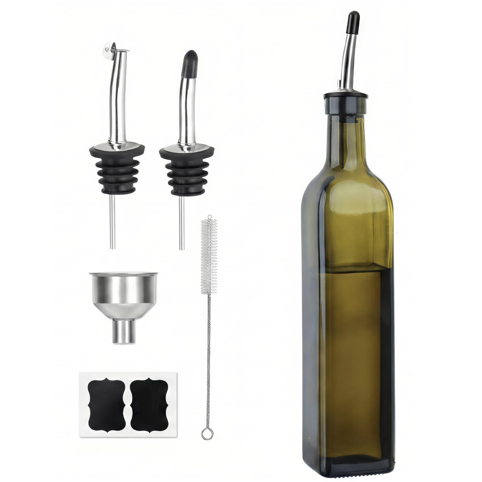 MEIDAYAI Olive Oil Dispenser Bottle, 1 Pcs Green Glass Oil and Vinegar Dispenser Set with 2 Stainless Steel Pourers, 2 Labels,1 