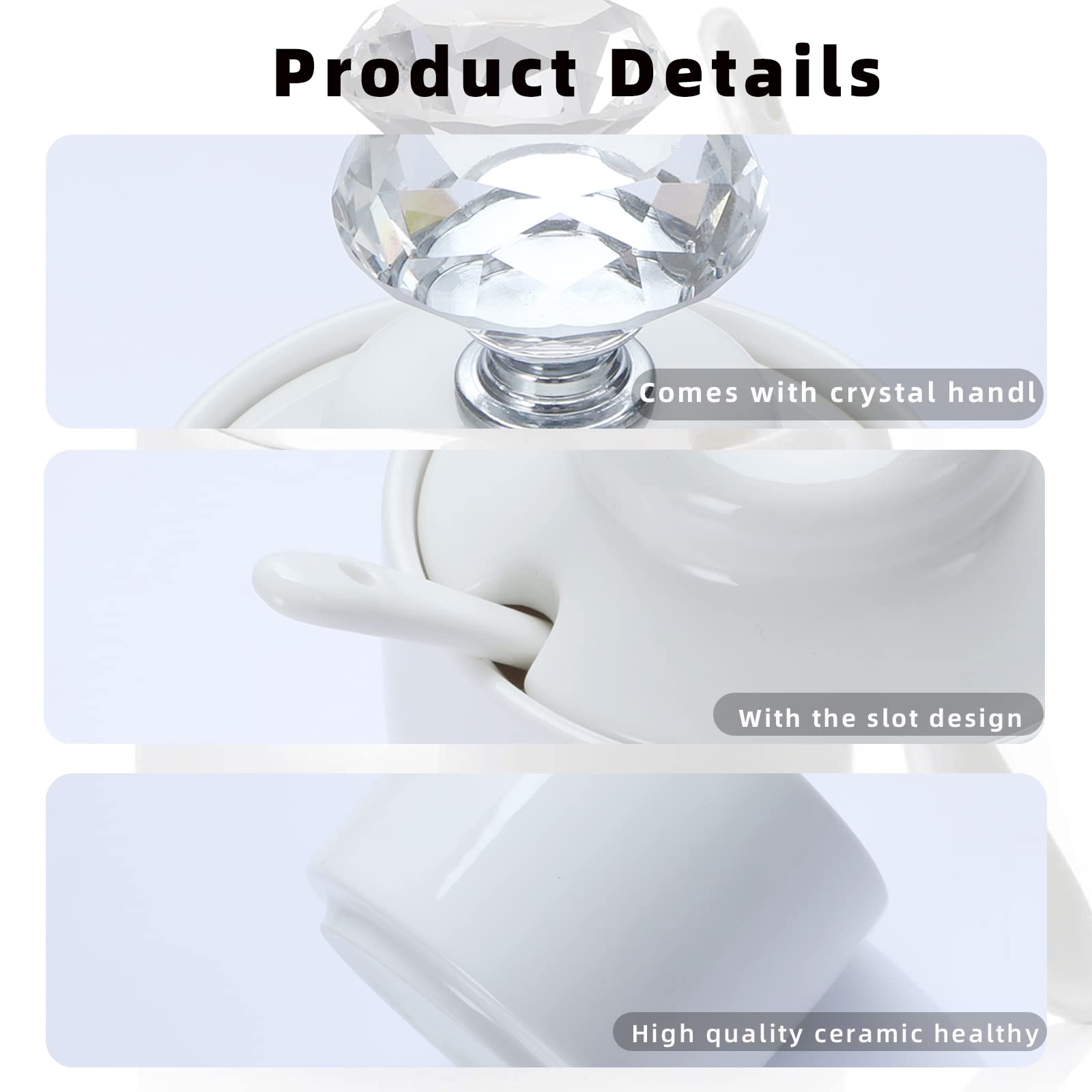 Ontube Porcelain Sugar Bowl With Crystal Lid And Spoon 8Oz, White (Crystal Silver)