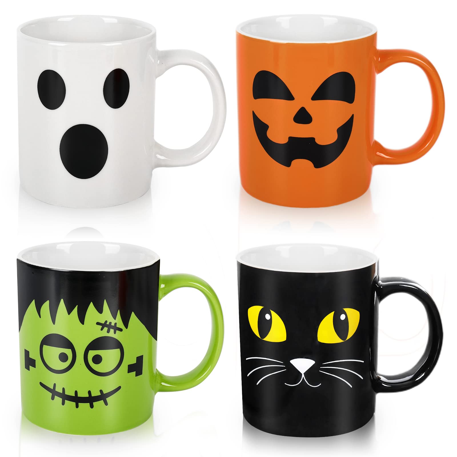 Whaline 4Pcs Halloween Mug Set 12oz Pumpkin Cat Monster Ghost Holiday Coffee Mug Halloween Ceramic Matching Mugs for Home School