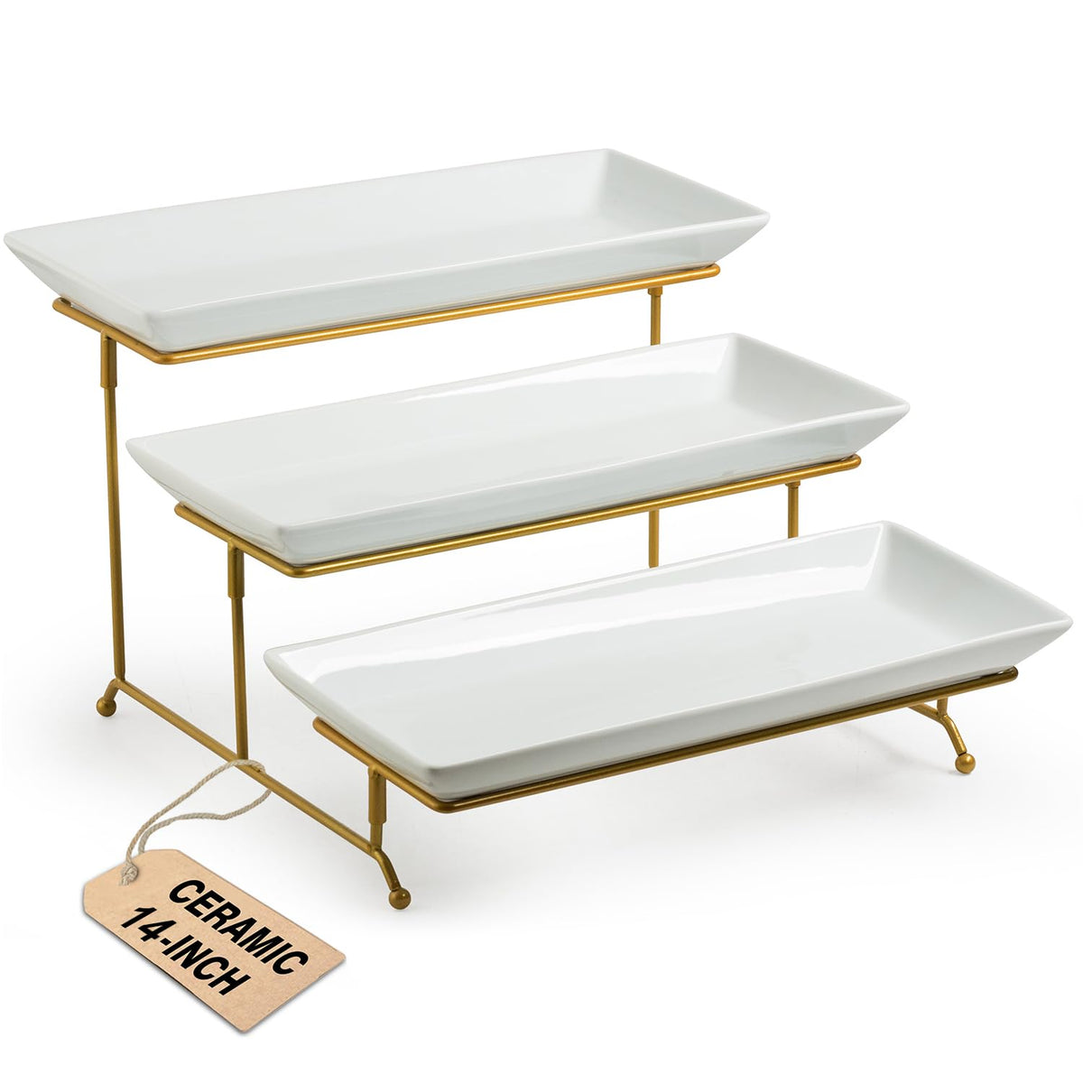 Lauchuh Large 3 Tier Serving Stand Tiered Serving Trays Collapsible Sturdier Rack With 3 Porcelain Serving Platters For Fruit De