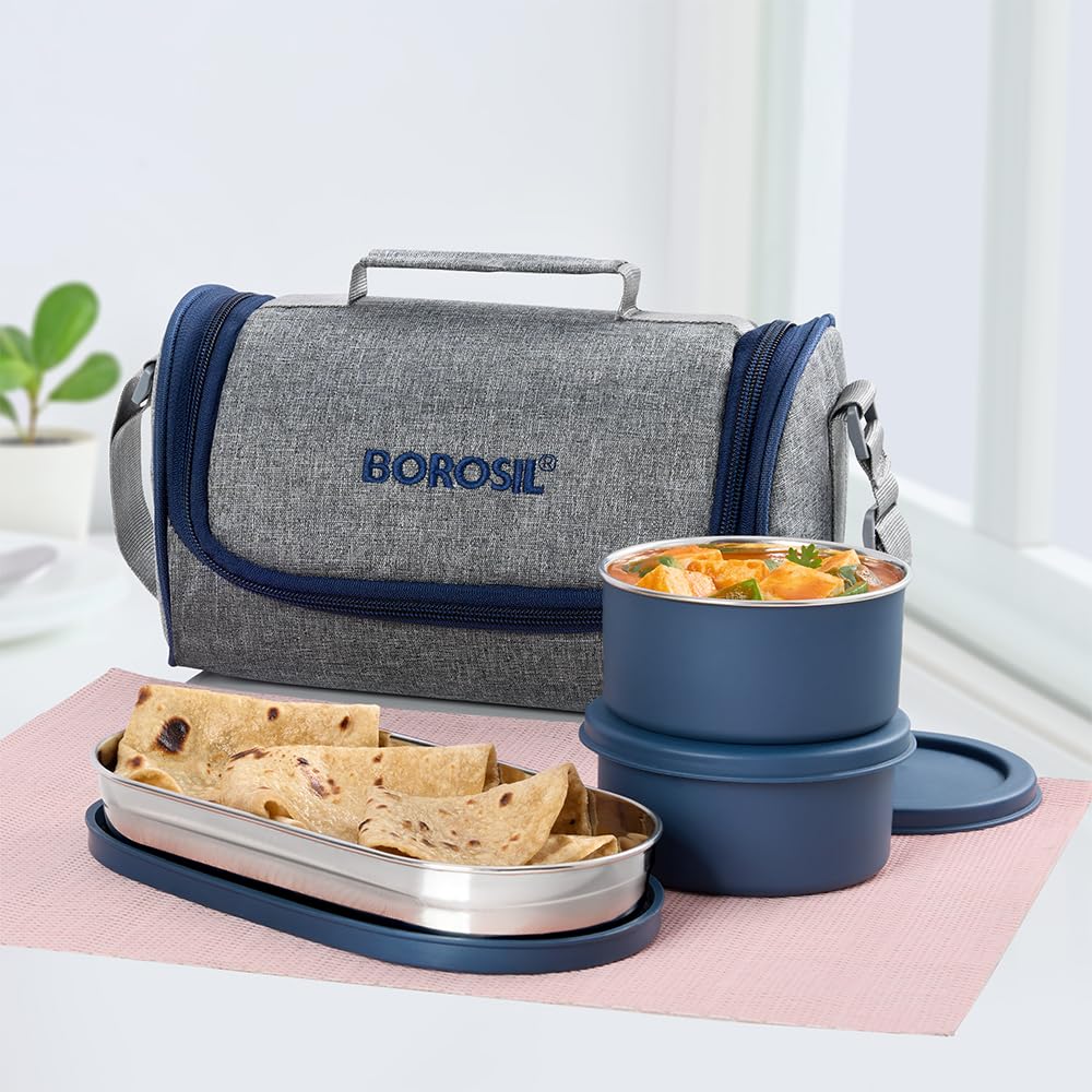Borosil Carrymore Microwavable Stainless Steel Lunchbox With Bag | 3Pc Container Set | Tiffin With Food Grade Steel | 1 Year War
