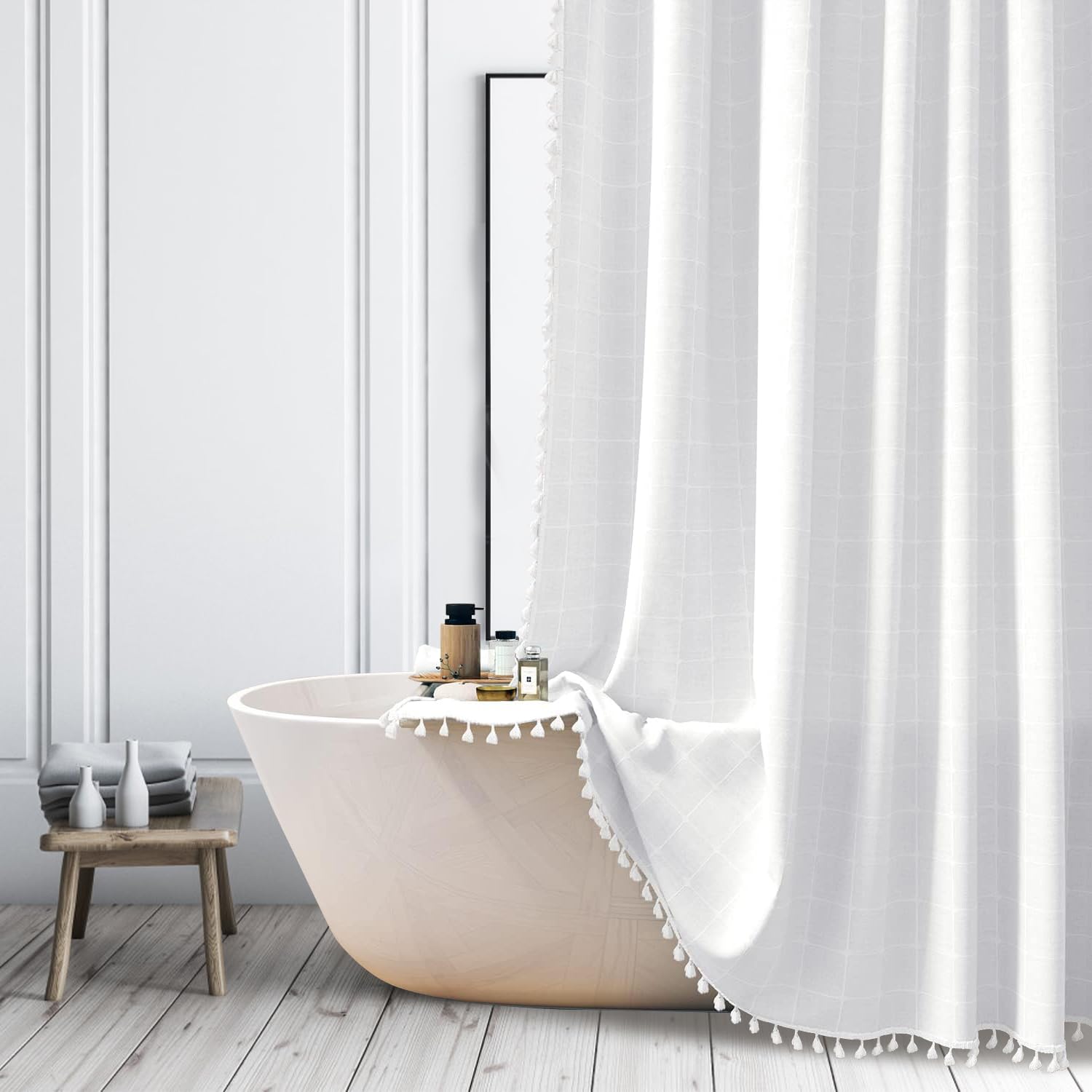 Ggaimwf White Striped Fabric Shower Curtains Farmhouse Boho Plaid Luxury Bath Curtains For Bathroom Bohemian Neutral With Tassel