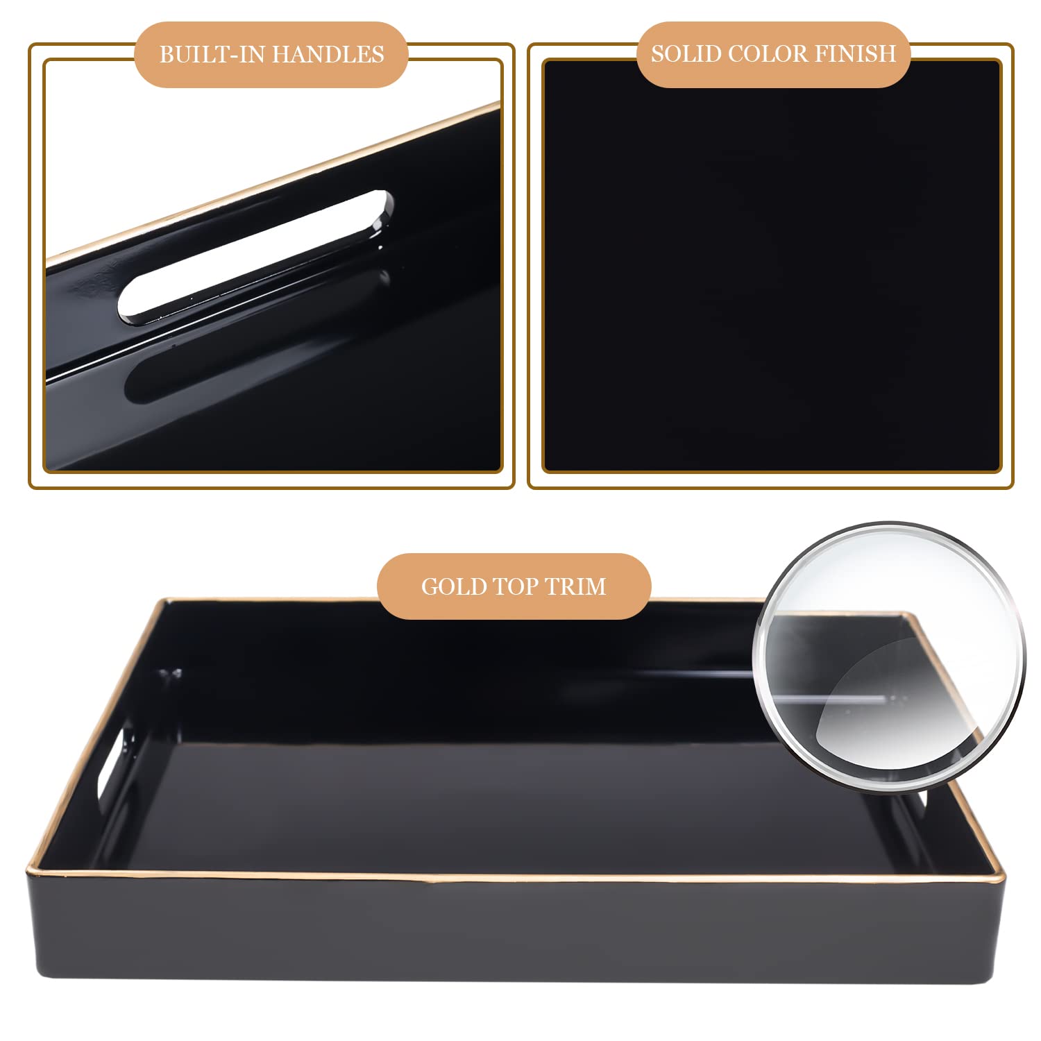 MAONAME Decorative Tray  Black Serving Tray with Handles  Coffee Table Tray  Square Plastic Tray for Ottoman  Bathroom  Kitchen  13''x13''x1.57''