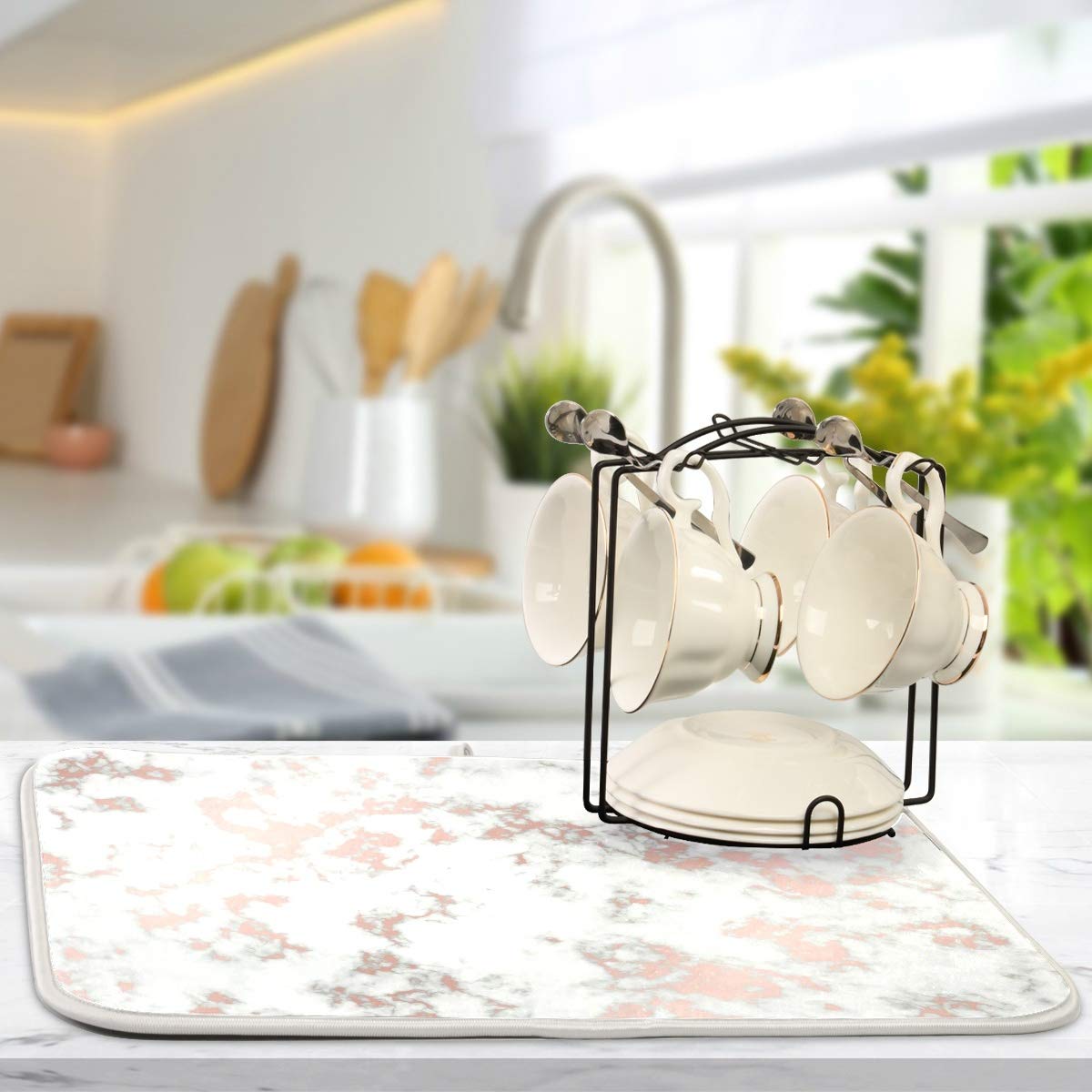Rose Pink Marble Dish Drying Mat 16X18 For Kitchen Modern Pattern Floral White Grey Marble Dishes Pad Dish Drainer Rack Mats Abs