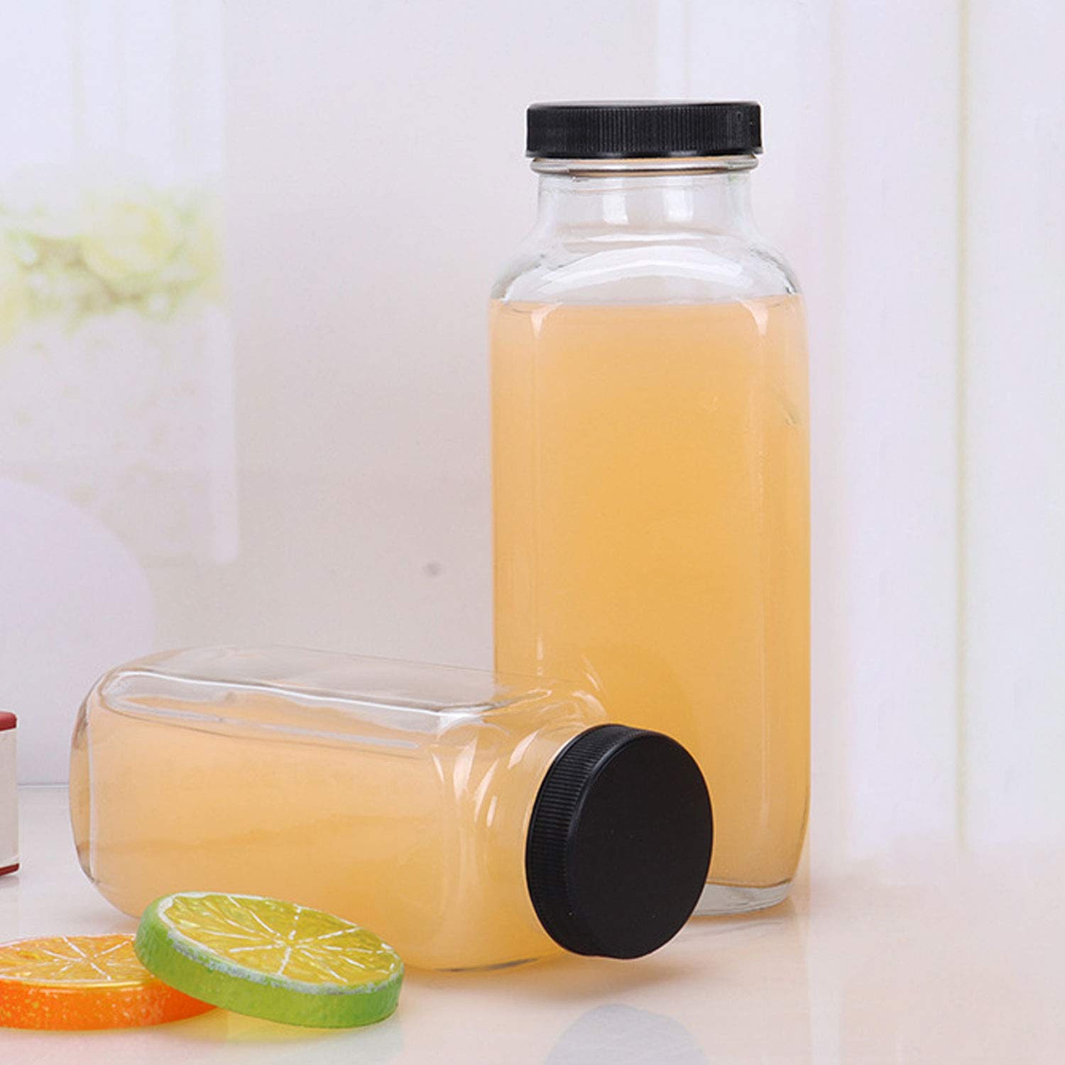 Encheng Vintage Water Bottles,Glass Drinking Bottles 16Oz,Square Beverage 500Ml With Lids For Kombucha,Tea,Glass Homemade Drinks