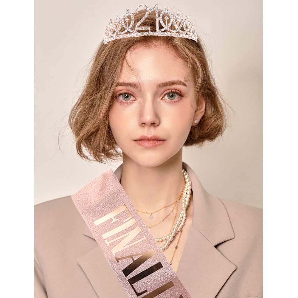 Topfunyy 21St Birthday Sash And Tiara Set - Finally 21 Rose Gold Sash Crystal Crown Birthday Gift For Girls 21St Birthday Party