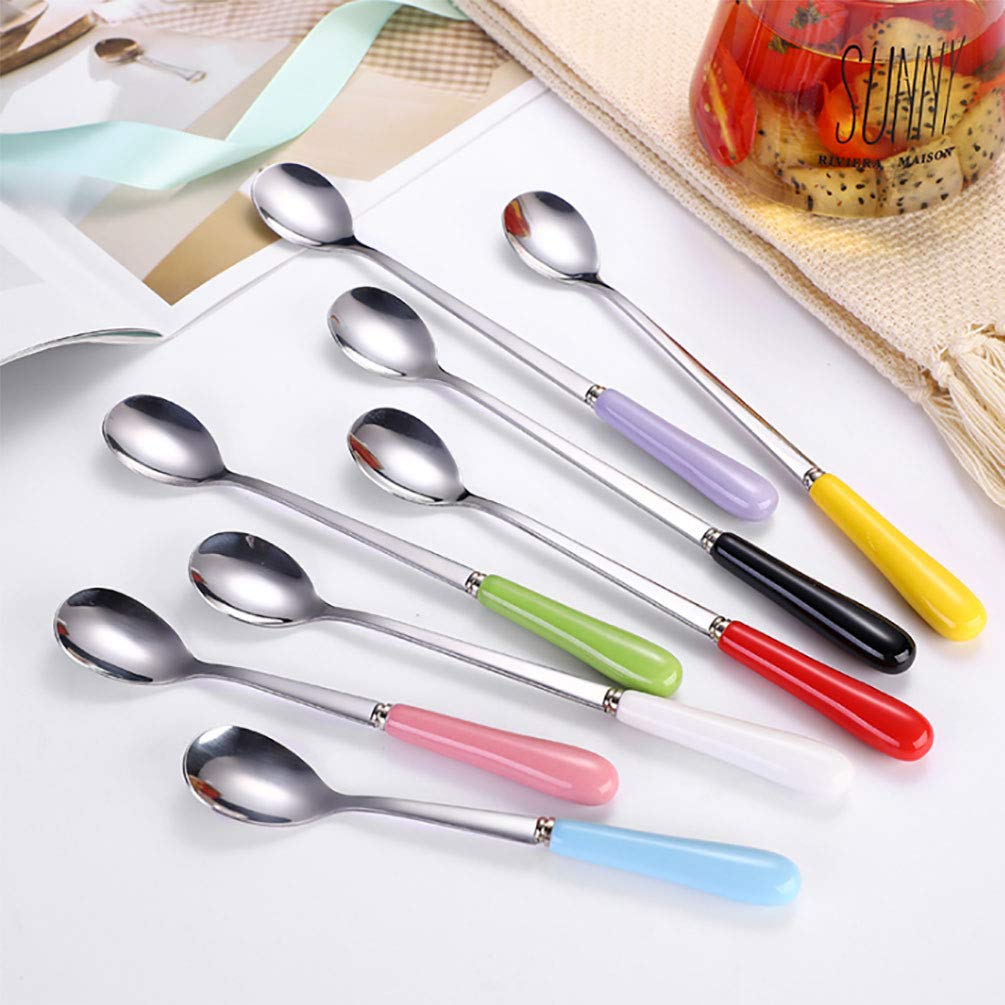 Goeielewe Mixing Spoons Set Of 8, Stainless Steel Iced Teaspoons With Ceramic Handle 7.6-Inch Long Soup Tablespoons Espresso Cof
