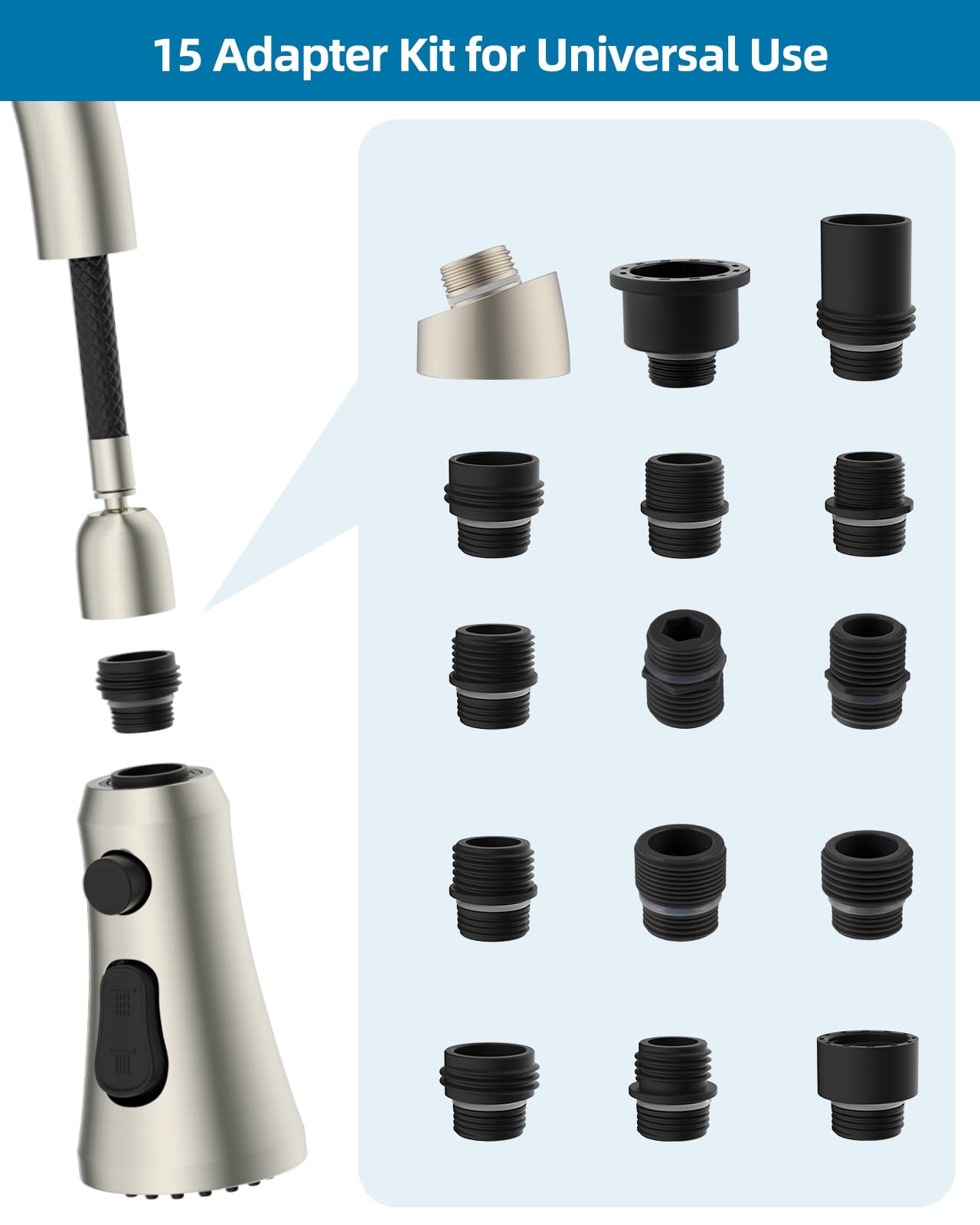 Universal Faucet Head Replacement With 15 Adapters Compatible With Moen Delta Faucet Head, 3 Function Pull Down Kitchen Sink Fau