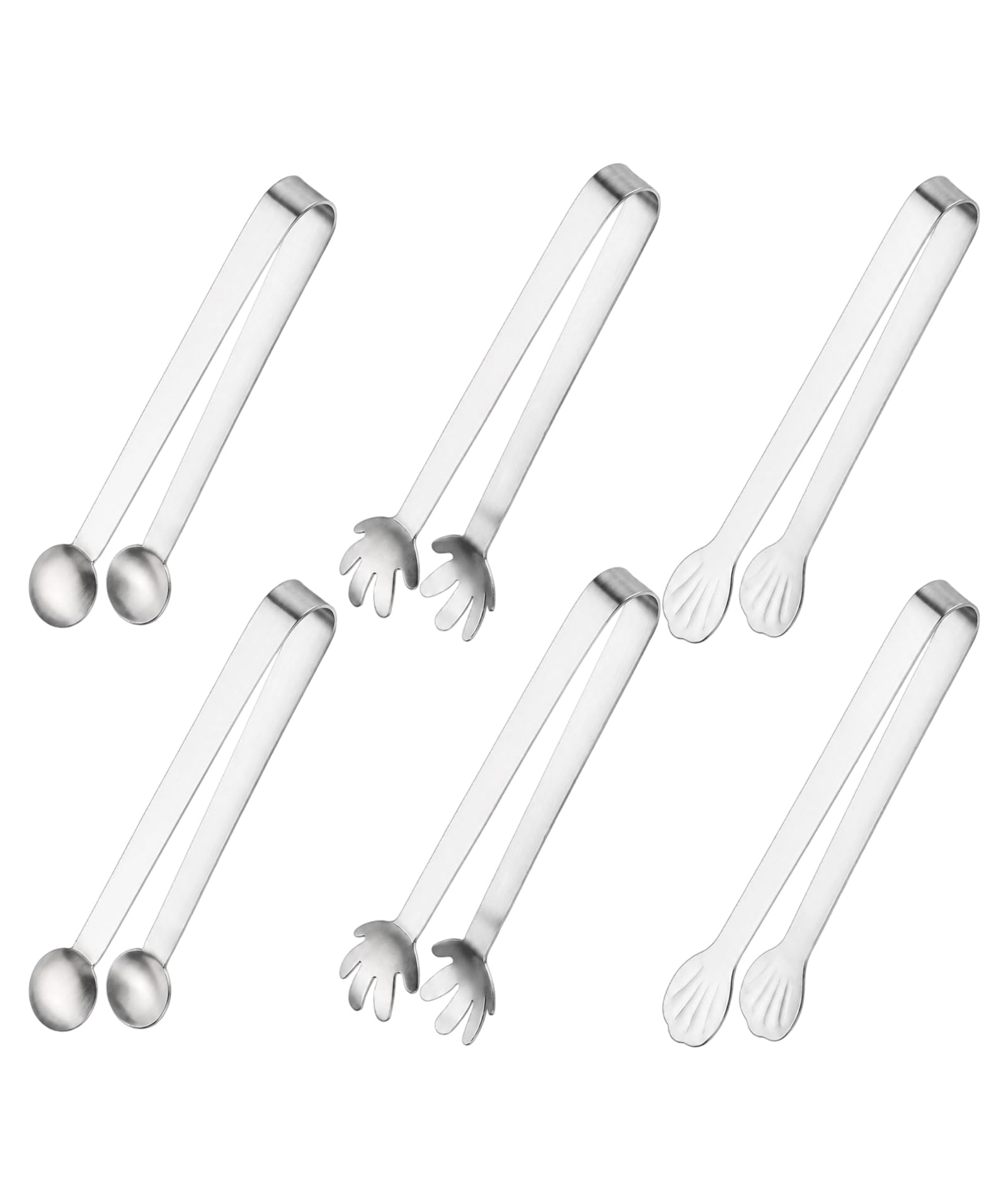6Piece Stainless Steel Tongs For Kitchen Use, Silver Serving Tongs With Round, Palm, And Shell Shapes For Sugar, Ice, And Appet