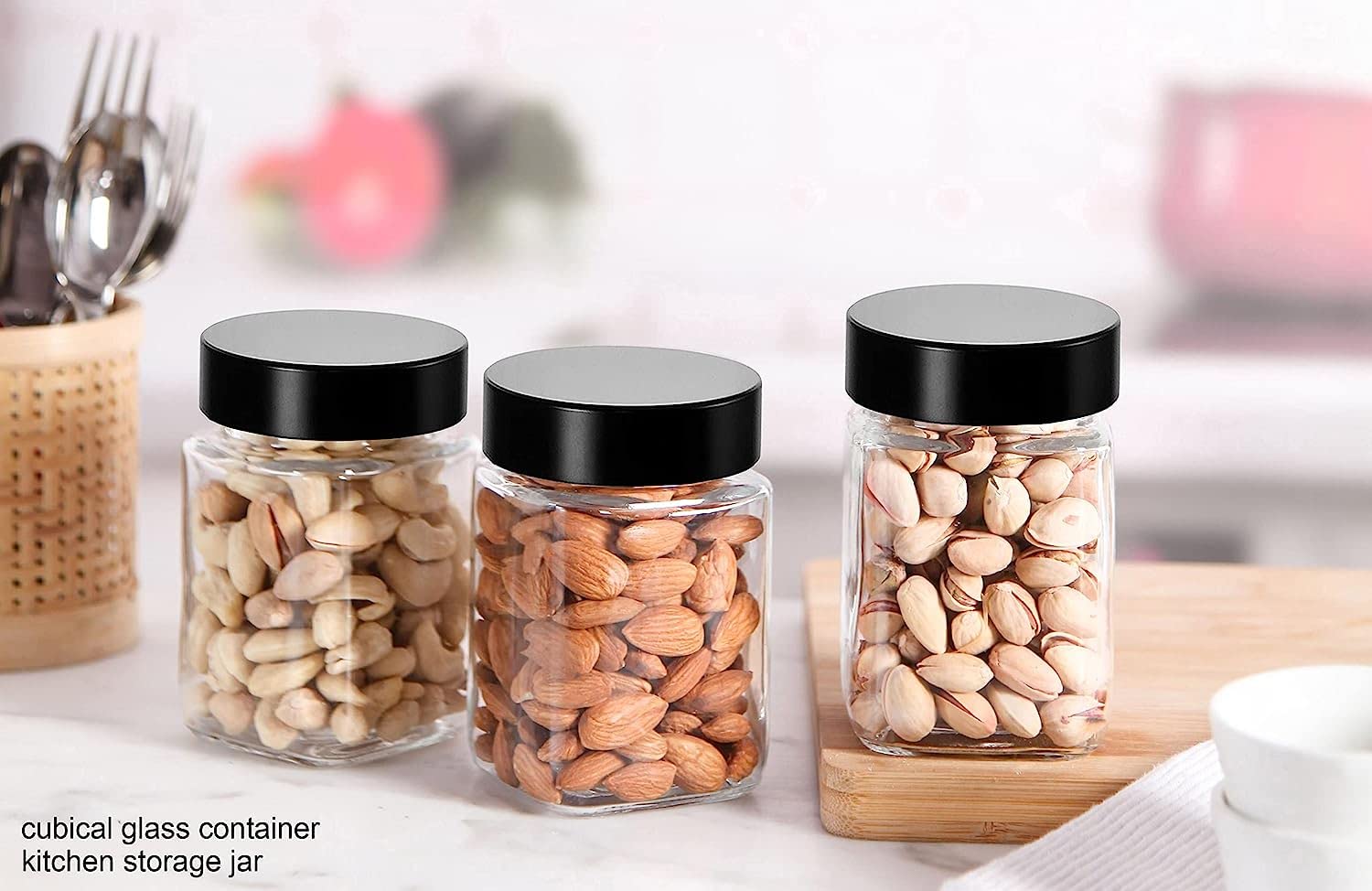 Feelopie Piramal Glass Square Clear Jars & Containers For Kitchen Pantry,Snacks,Masala,Honey,Pickles,Cookies,Dry Fruits,Coffee B