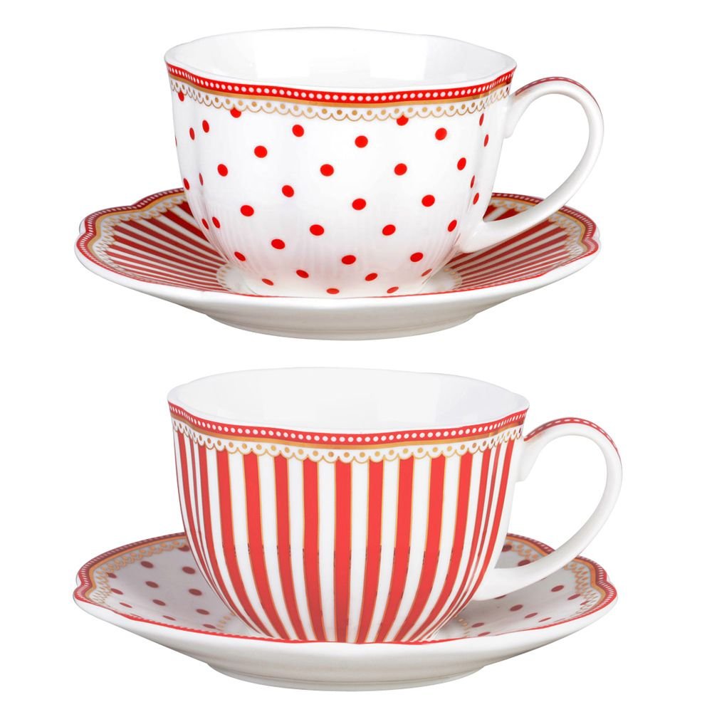 Grace Teaware Red Dot Stripes Scallop 9-Ounce Porcelain Tea/Coffee Cup And Saucer, Set Of 2 (G1960264Rd-2)