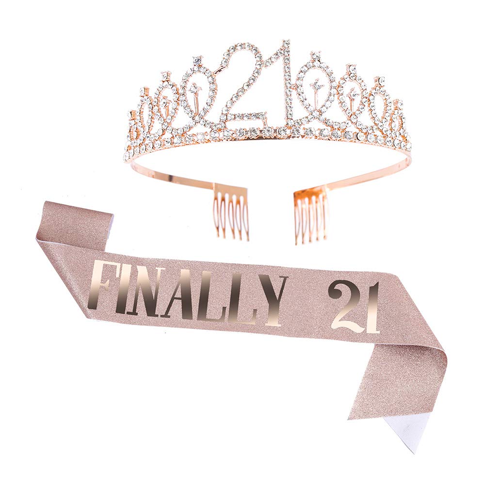 Topfunyy 21St Birthday Sash And Tiara Set - Finally 21 Rose Gold Sash Crystal Crown Birthday Gift For Girls 21St Birthday Party