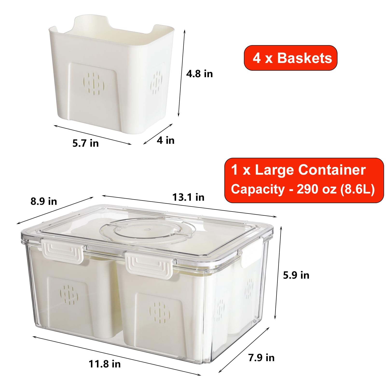 Taiuloo Airtight Fruit Storage Containers For Fridge With Lids & Handle, Bpa-Free Food Storage Container With 4 Removable Coland