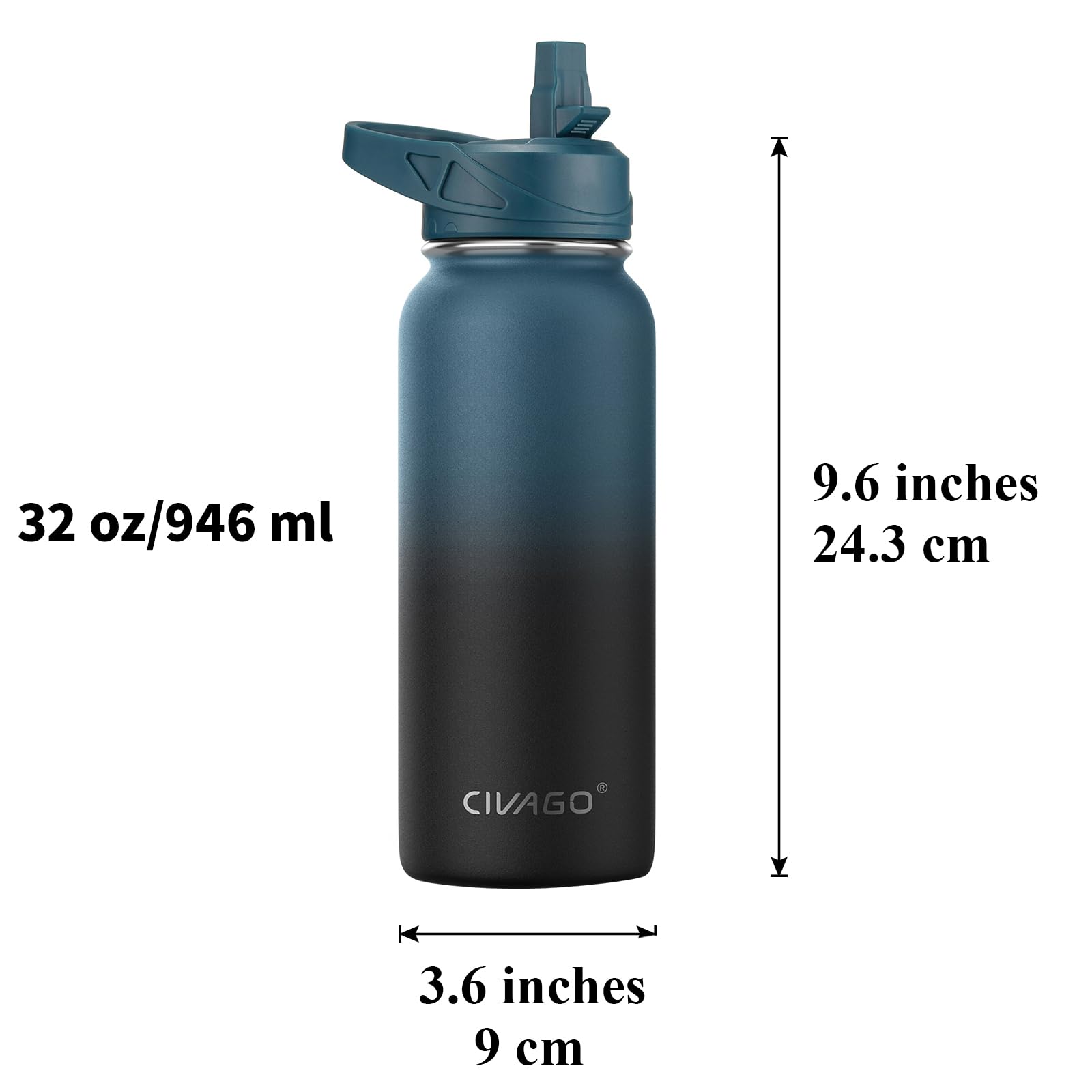 CIVAGO 32 oz Insulated Water Bottle With Straw  Stainless Steel Sports Water Cup Flask with 3 Lids (Straw  Spout and Handle Lid)  Wide Mouth Travel Thermo Mug  Midnight Black