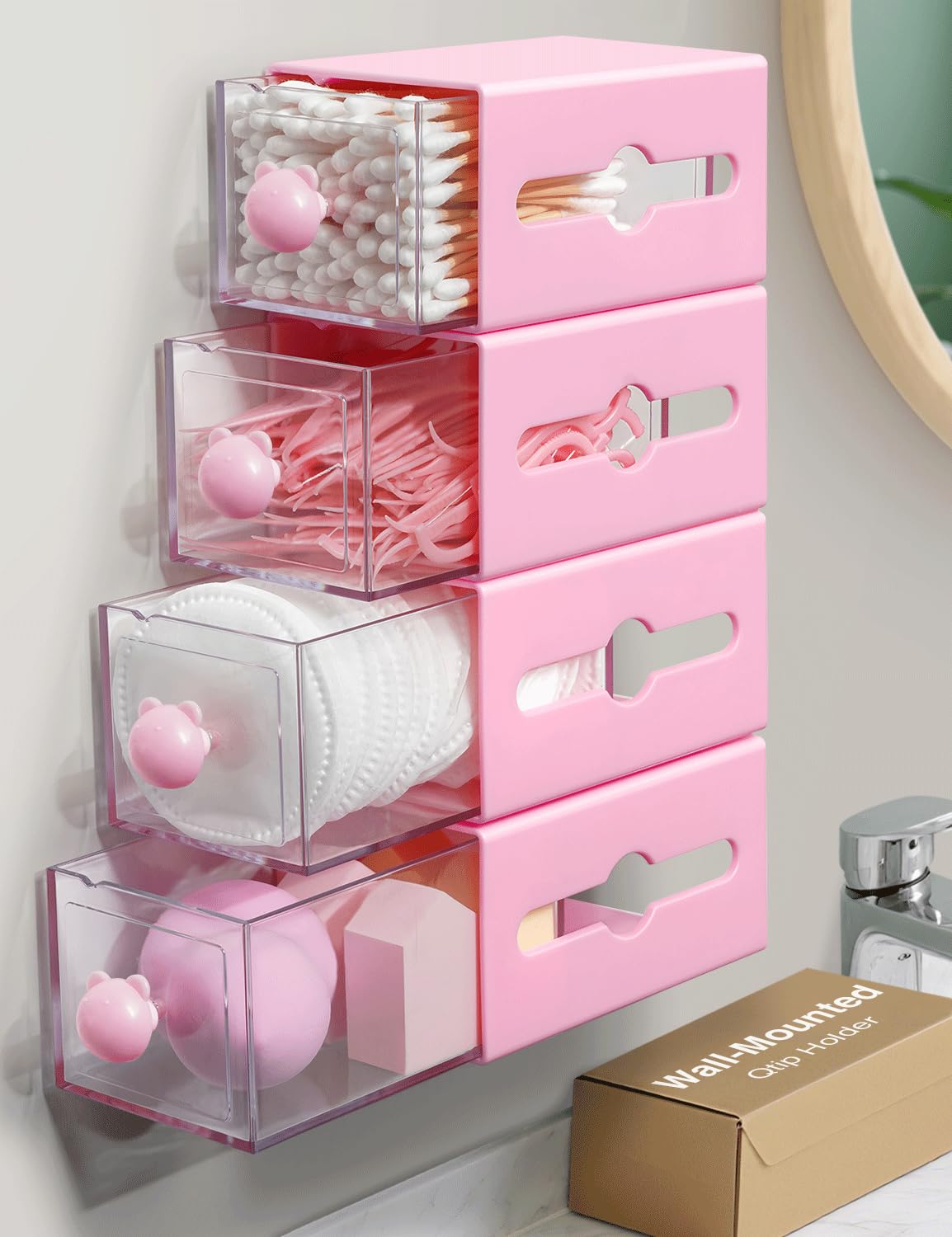 Qtip Holder for Bathroom Wall Organizer - Bathroom Decor, Dorm Room Essential, Small Q-tip Dispenser for Cotton Swabs, Balls, Pa