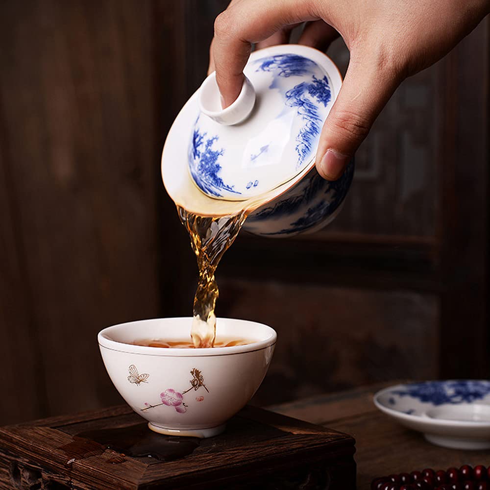 Jingdezhen Chinese Gaiwan Handmade 6.3Oz/180Ml Mountain Style China Blue And White Porcelain Gaiwan Kungfu Teacup Traditional Ch