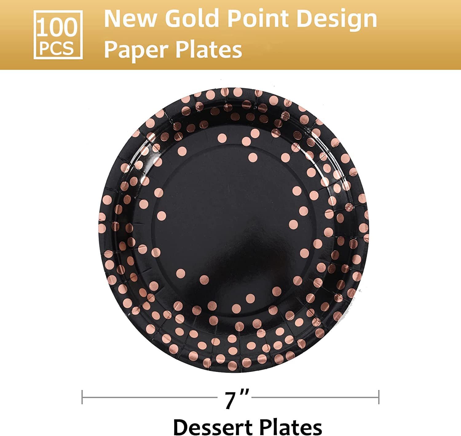 Cenlbj Black And Rose Gold Paper Plates,100 Pack Gold Dots Party Paper Plates,Disposable Party Supplies Dessert Paper Plates For
