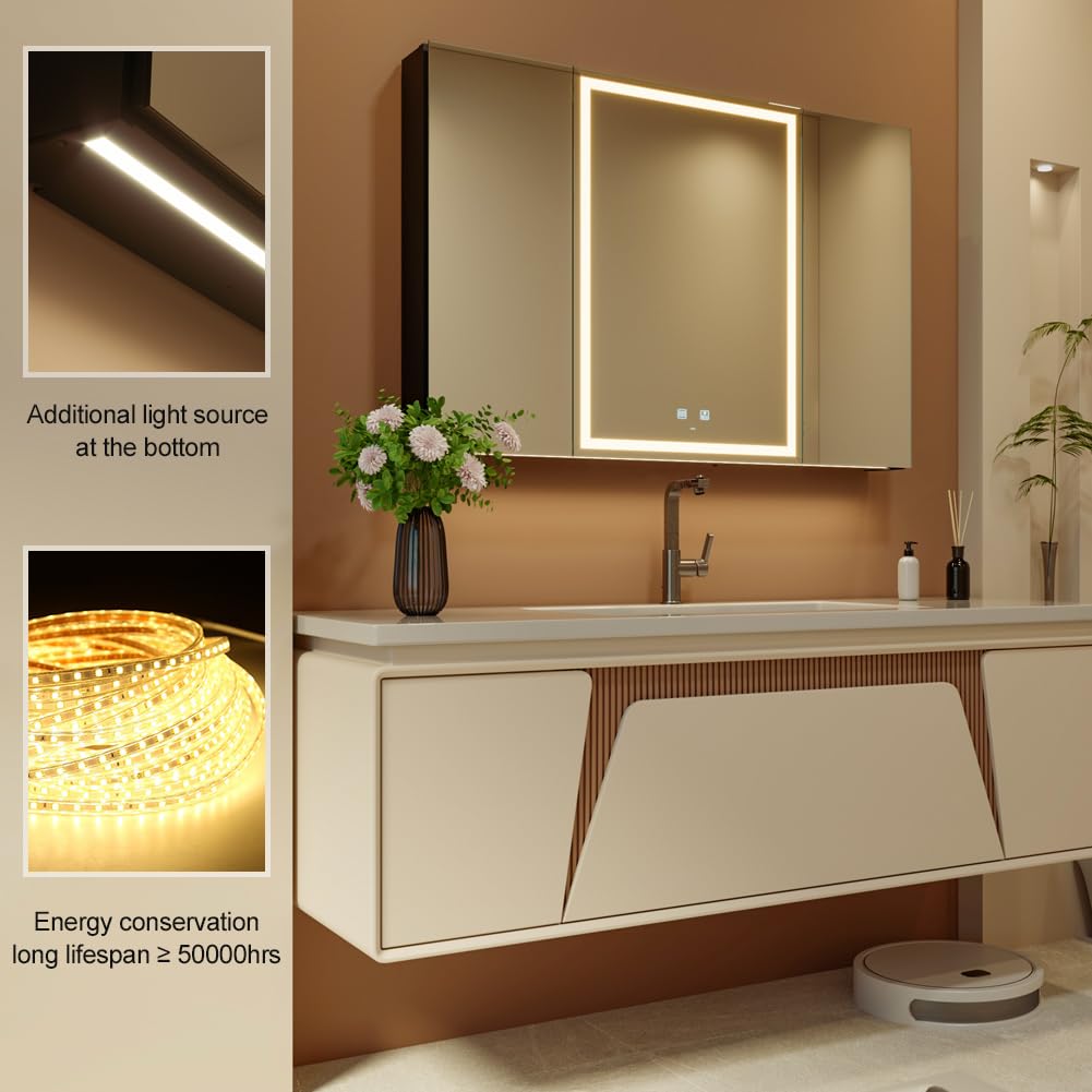KWW LED Lighted Bathroom Medicine Cabinet with Sockets & USBs, Defogger, Dimmable, 3 Color Light Makeup Mirror, Easy to Install,