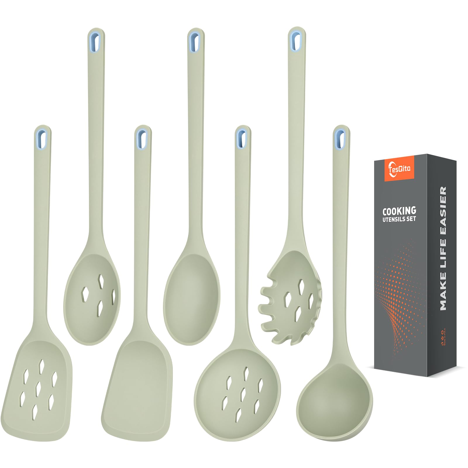 Large Silicone Utensils Set Of 7 For Cooking,No Scratch For Nonstick Cookware|Pasta Server,Spaghetti Spoon,Slotted Spoon&Spatula