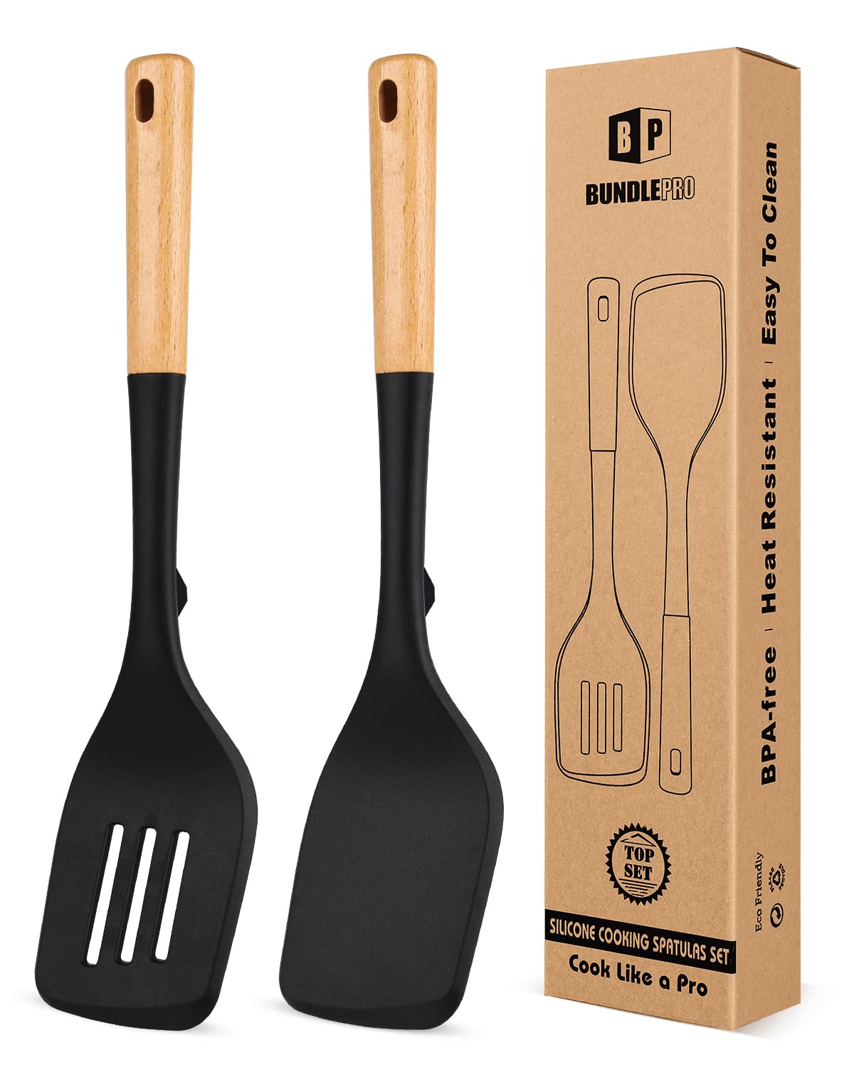 BUNDLEPRO Silicone Spatula, Solid & Slotted Turner with Wooden Handle