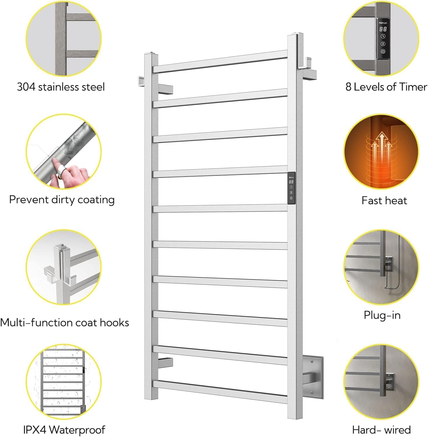 P&Bhusri Towel Warmer, 10-Bar Heated Towel Rack For Bathroom, Electric Towel Warmer With Timer & Temperature Multi-Level Adjustm