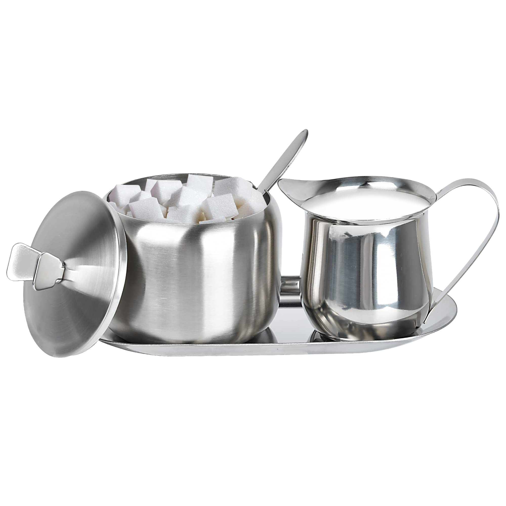 Sugar And Creamer Set, Coffee Serving Set, Stainless Steel Latte Milk Cup Cream Jug And Sugar Bowl With Lid And Spoon Tray Serve