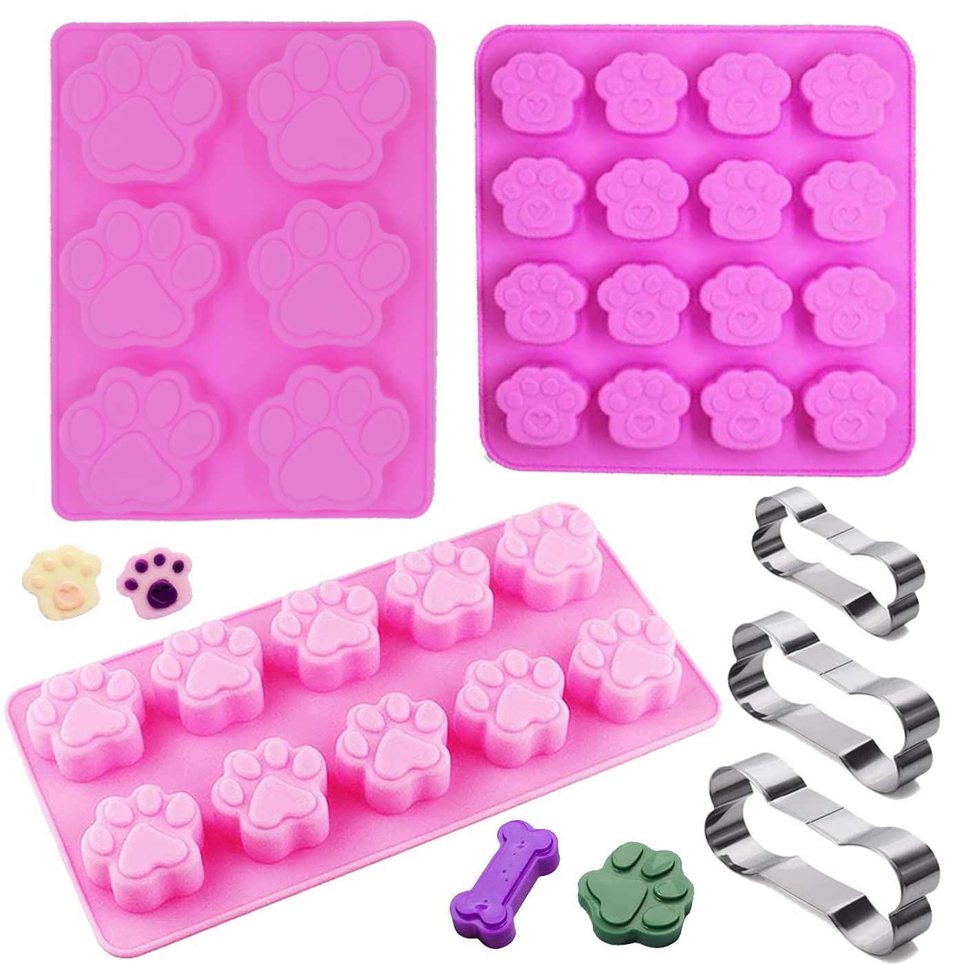 Set Of 6, 3 Packs Silicone Molds Puppy Dog Paw(4 Cavity,10 Cavity,16 Cavity) And 3 Packs Stainless Steel Bone Cookie Cutter,For